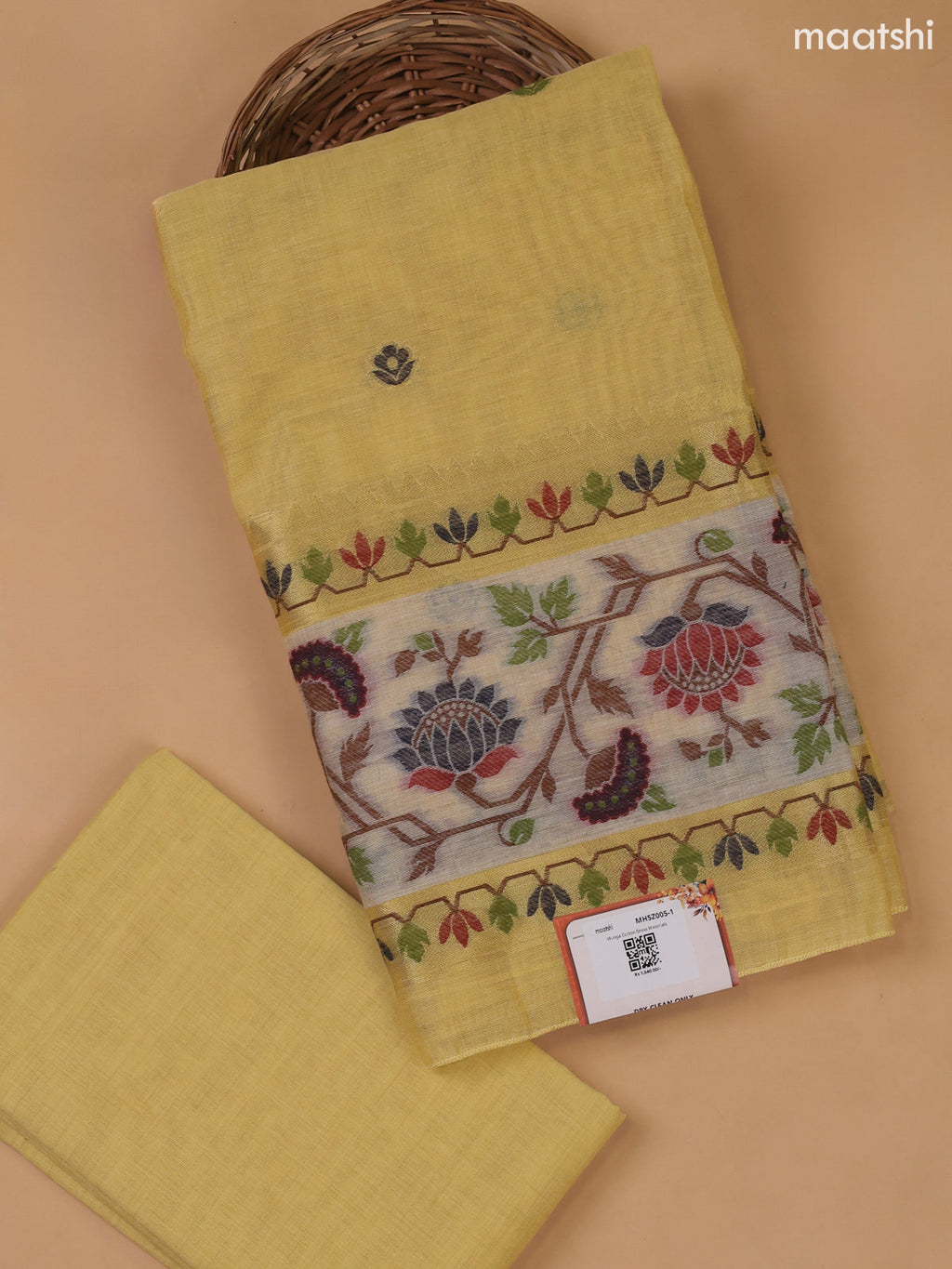 Pale Yellow Munga Cotton Dress Material With Paithani Style Pattern