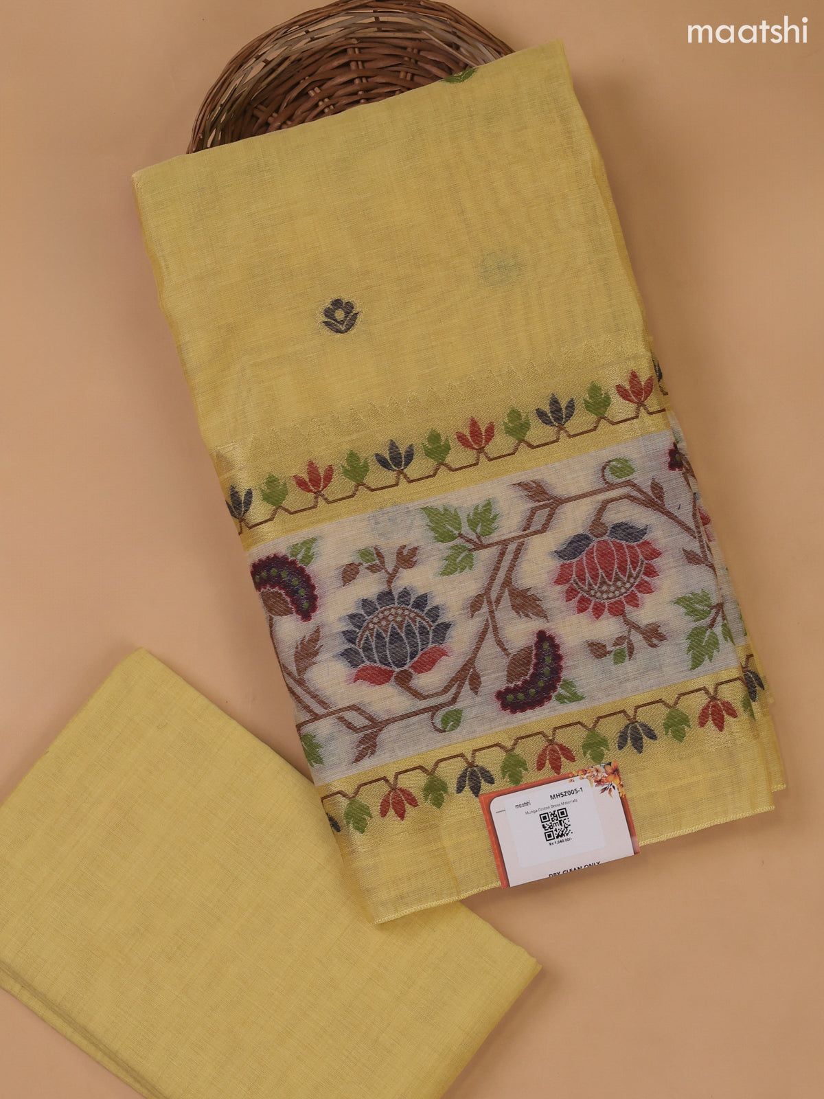 Pale Yellow Munga Cotton Dress Material With Paithani Style Pattern