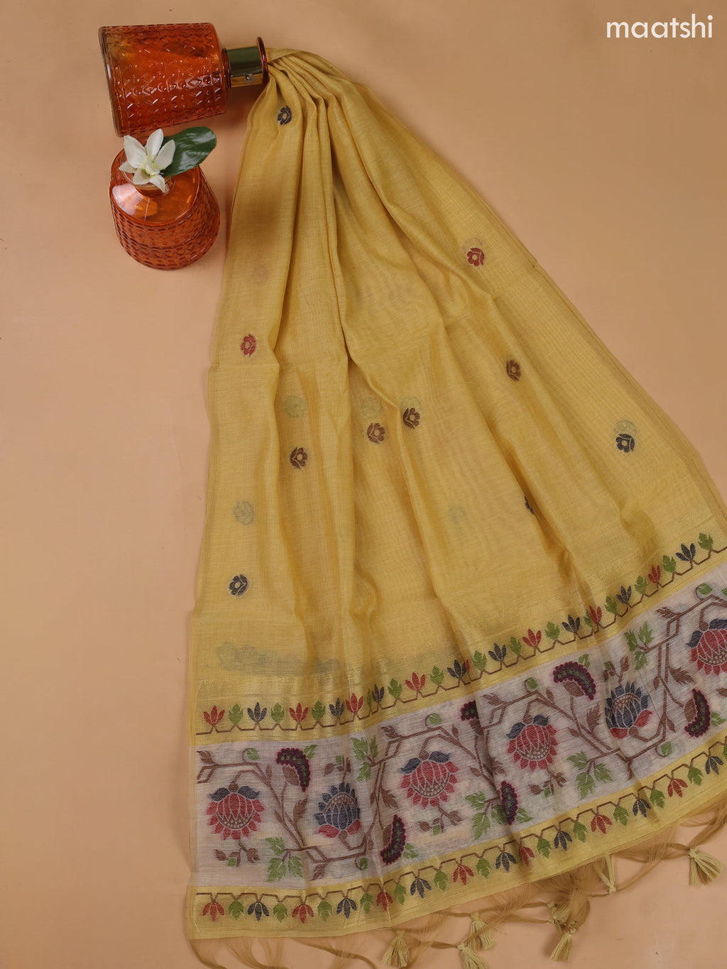 Pale Yellow Munga Cotton Dress Material With Paithani Style Pattern