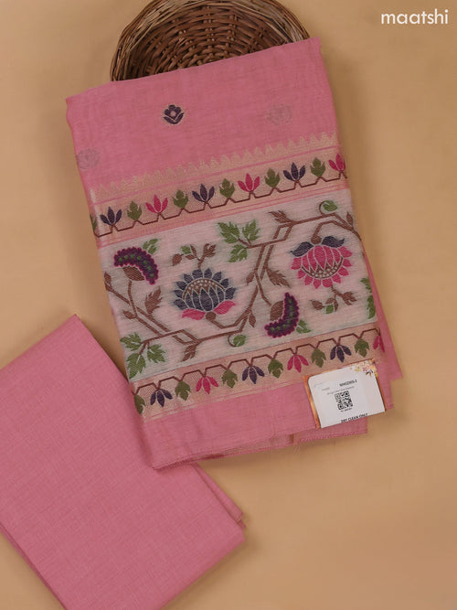 Baby Pink Munga Cotton Dress Material With Paithani Style Pattern