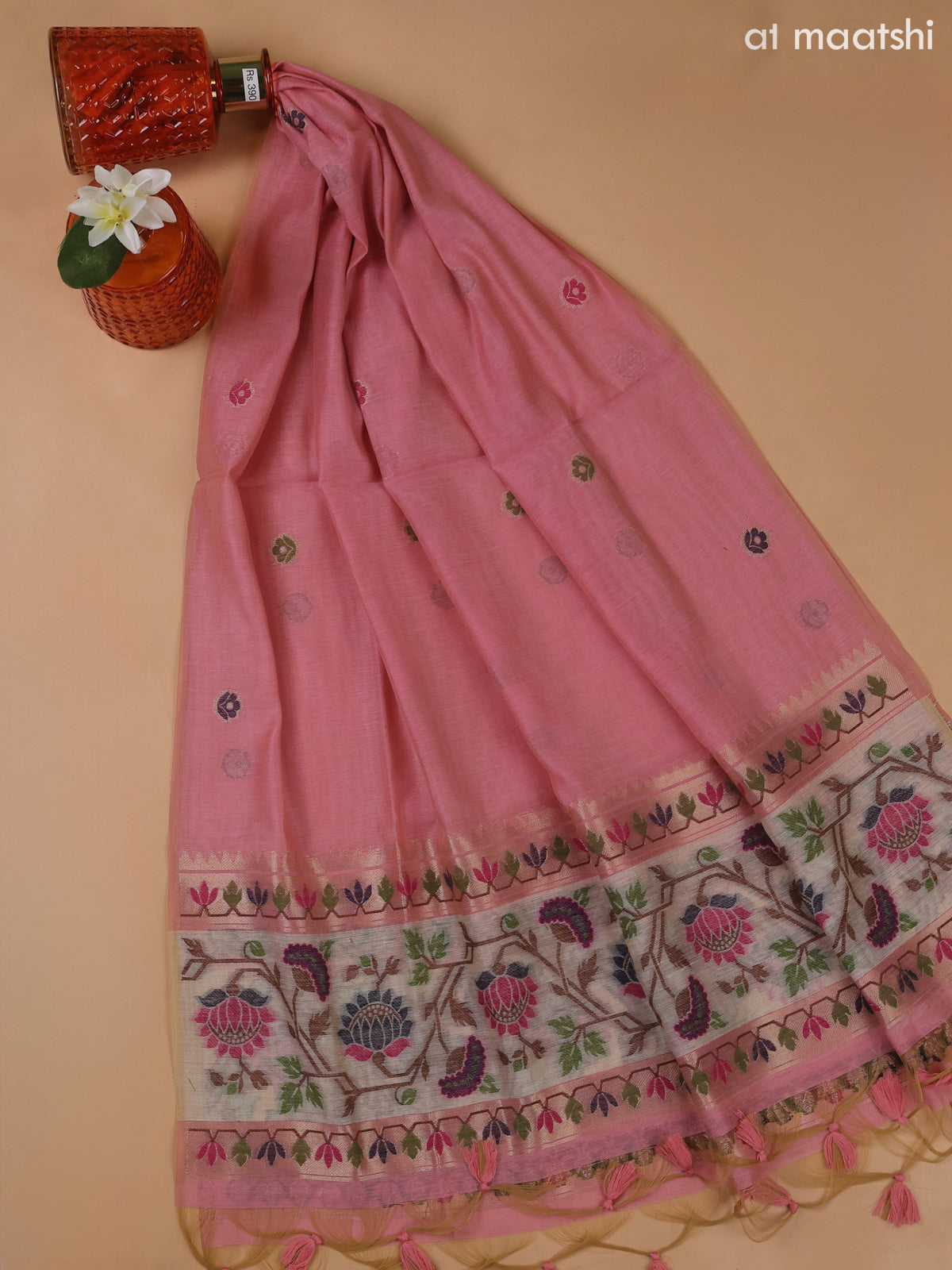 Baby Pink Munga Cotton Dress Material With Paithani Style Pattern