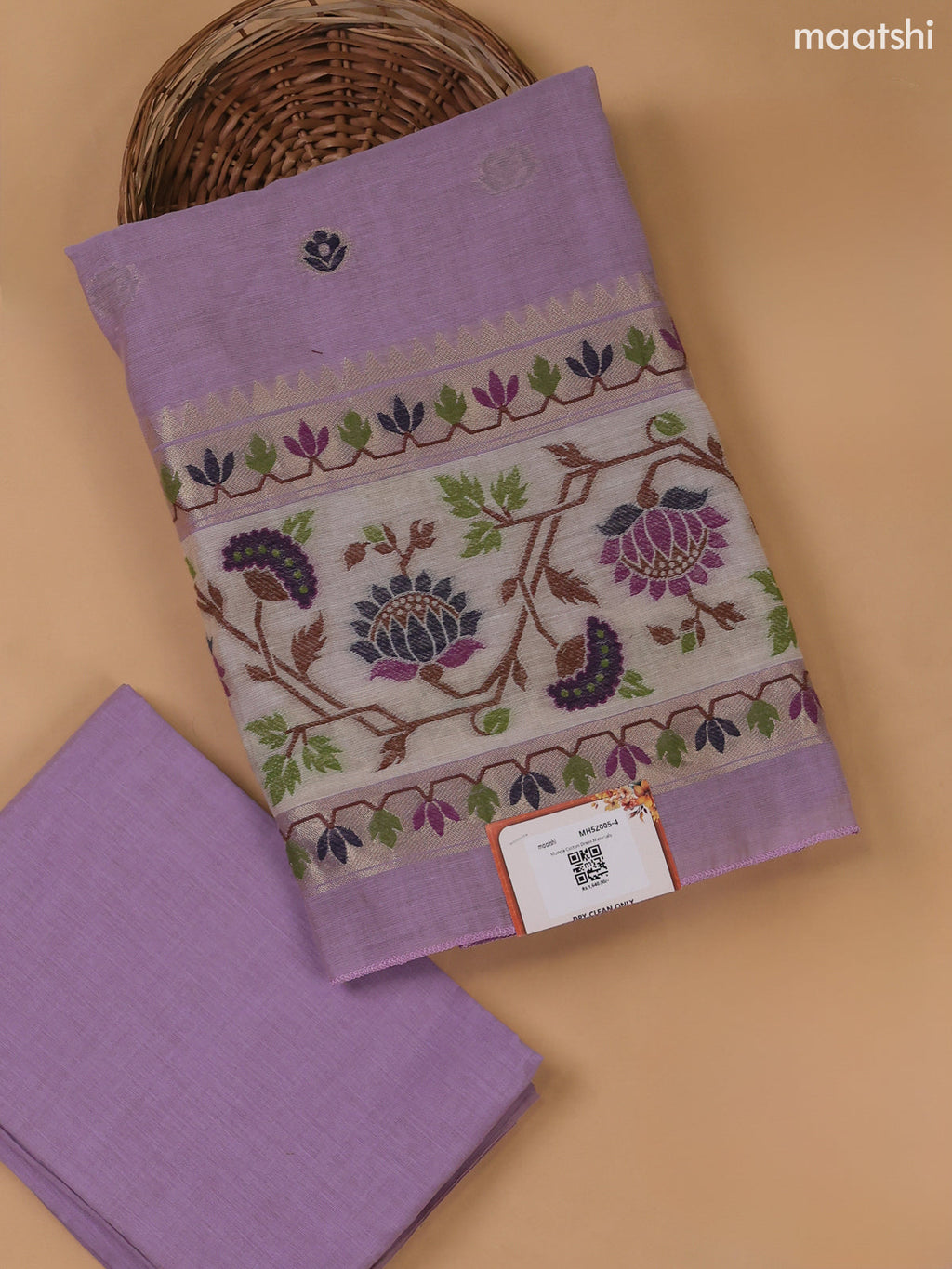 Lavender Munga Cotton Dress Material With Paithani Style Pattern