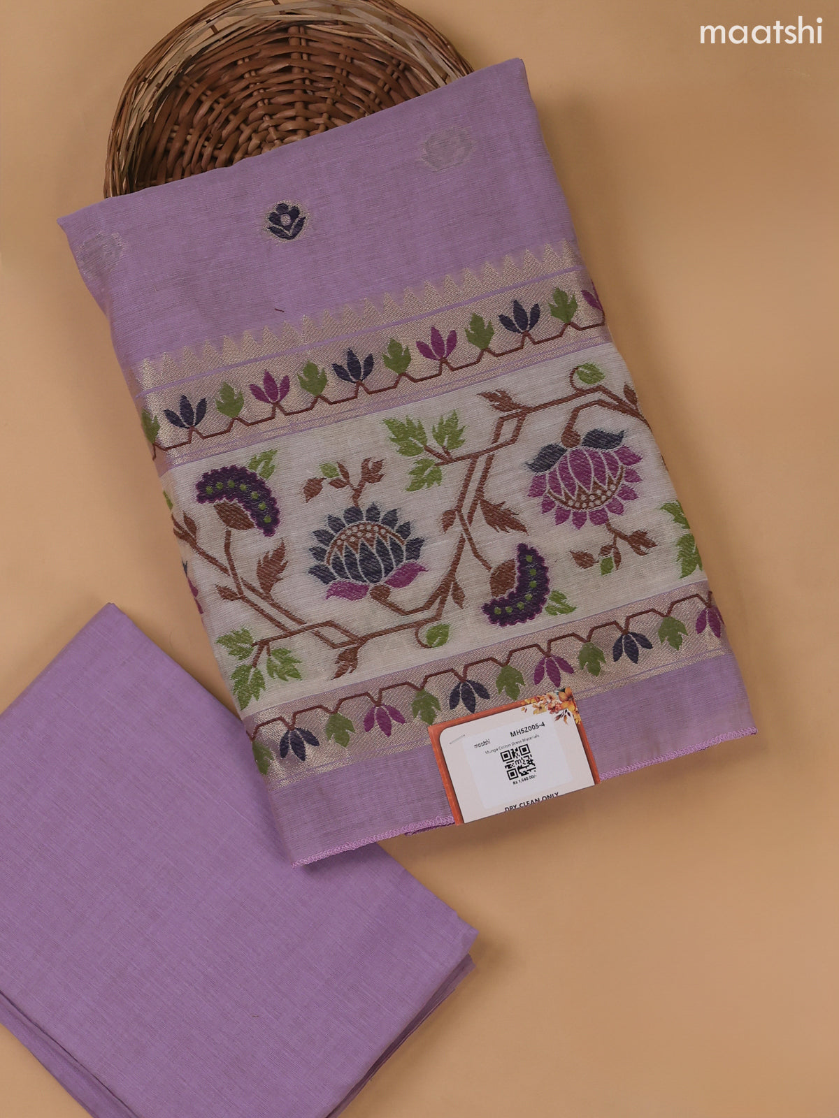 Lavender Munga Cotton Dress Material With Paithani Style Pattern