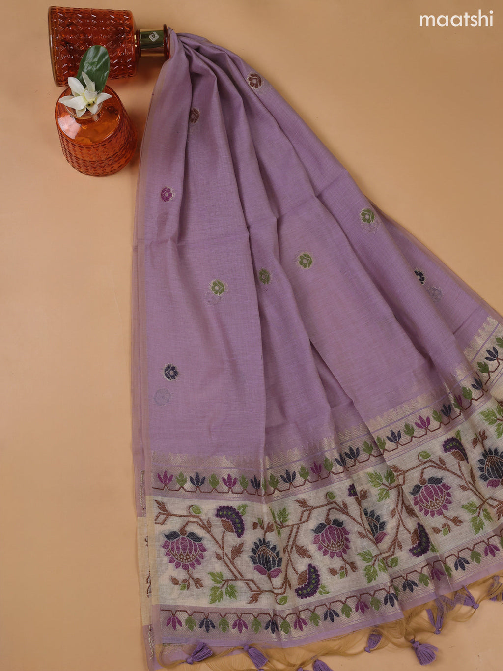 Lavender Munga Cotton Dress Material With Paithani Style Pattern