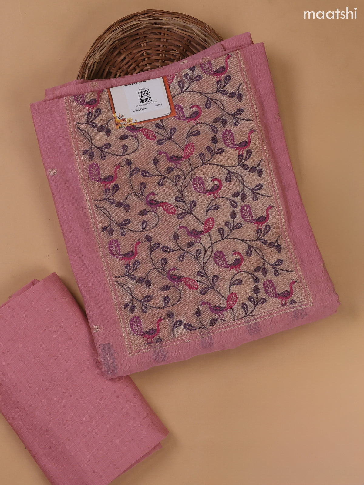 Lotus Pink Munga Cotton Dress Material With Thread and Zari Weaves Neck Pattern