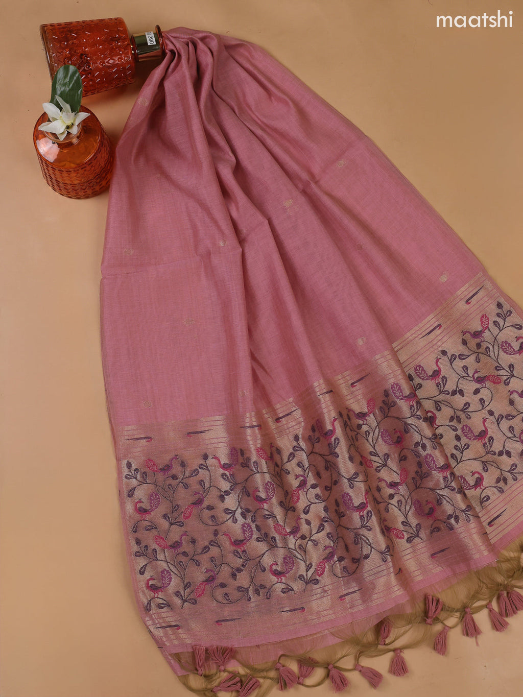 Lotus Pink Munga Cotton Dress Material With Thread and Zari Weaves Neck Pattern