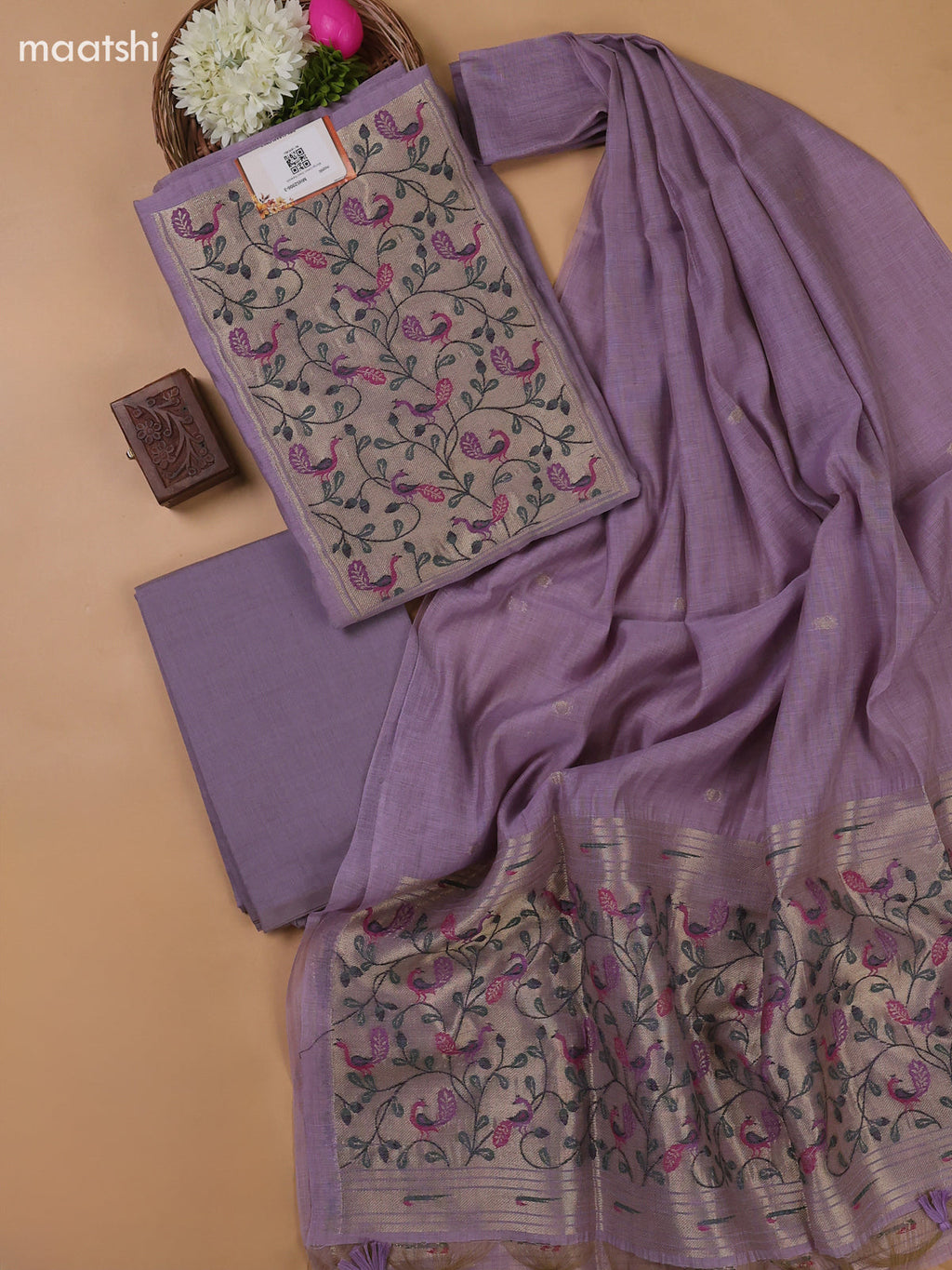 Lavender Munga Cotton Dress Material With Thread and Zari Weaves Neck Pattern