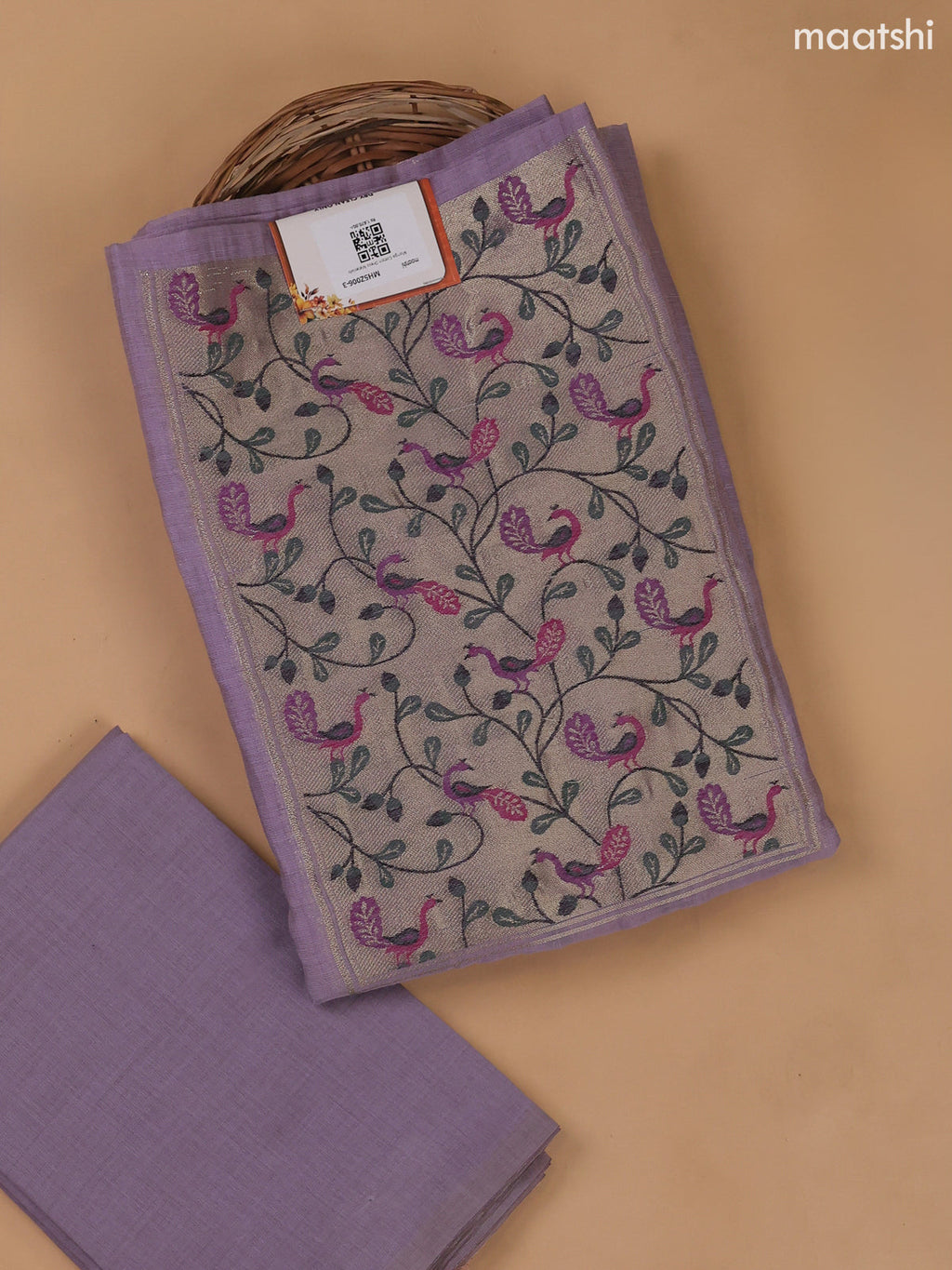Lavender Munga Cotton Dress Material With Thread and Zari Weaves Neck Pattern