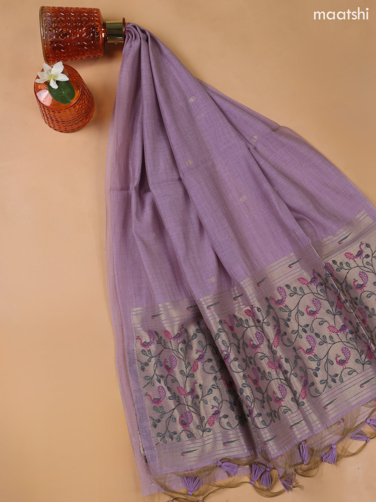 Lavender Munga Cotton Dress Material With Thread and Zari Weaves Neck Pattern