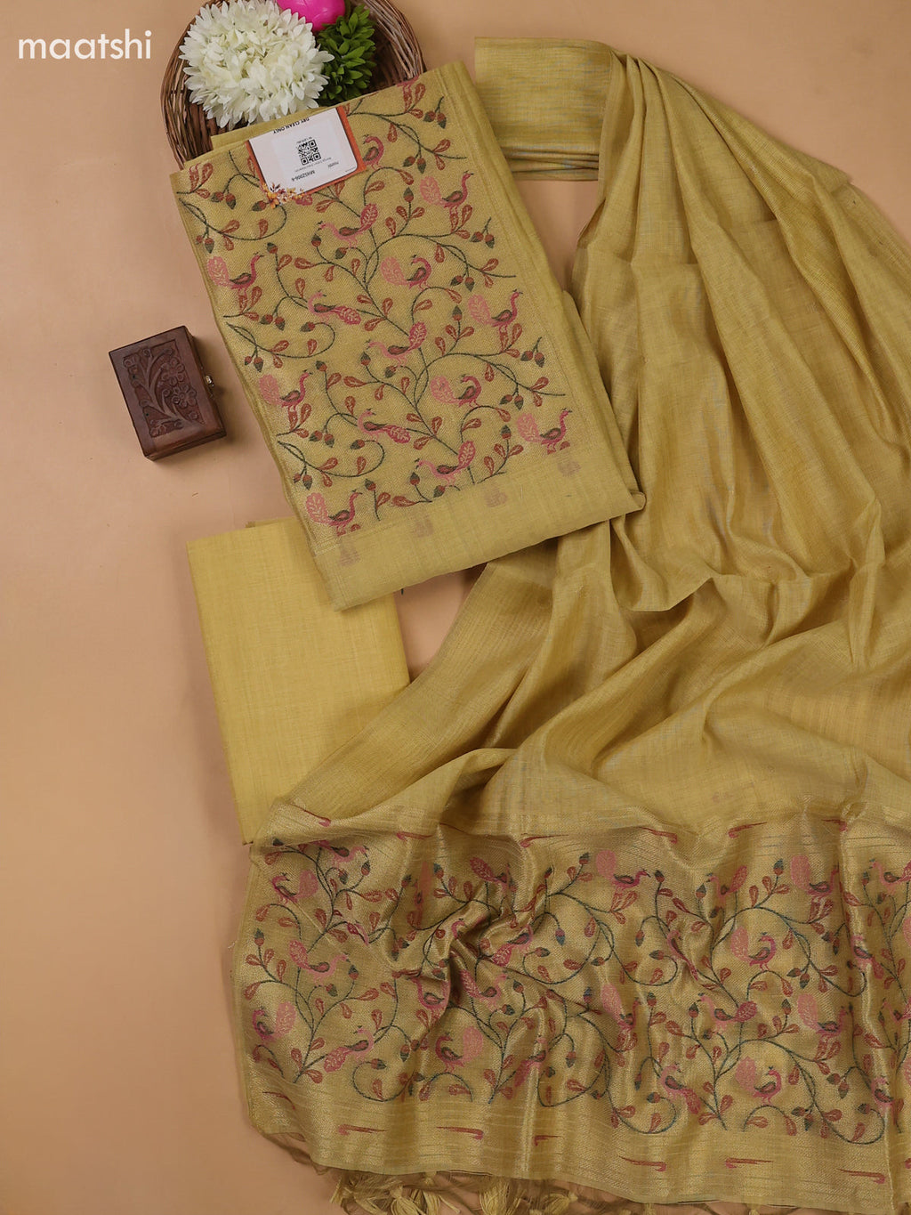 Yellow Munga Cotton Dress Material With Thread and Zari Weaves Neck Pattern