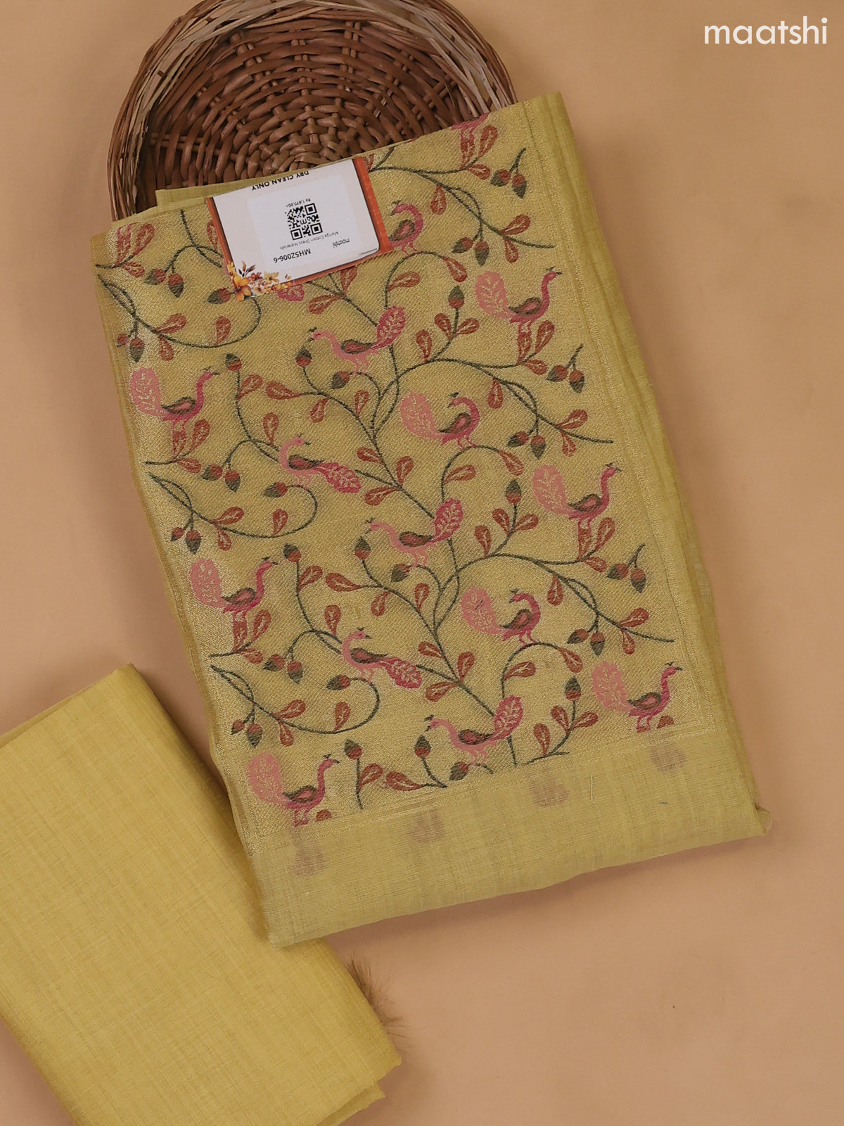 Yellow Munga Cotton Dress Material With Thread and Zari Weaves Neck Pattern