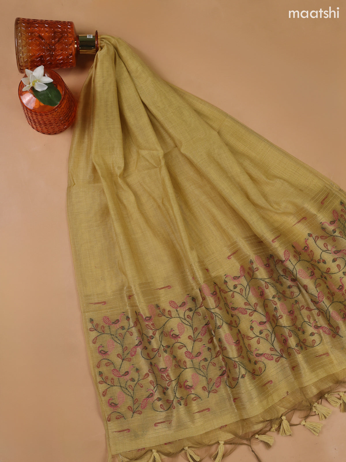 Yellow Munga Cotton Dress Material With Thread and Zari Weaves Neck Pattern