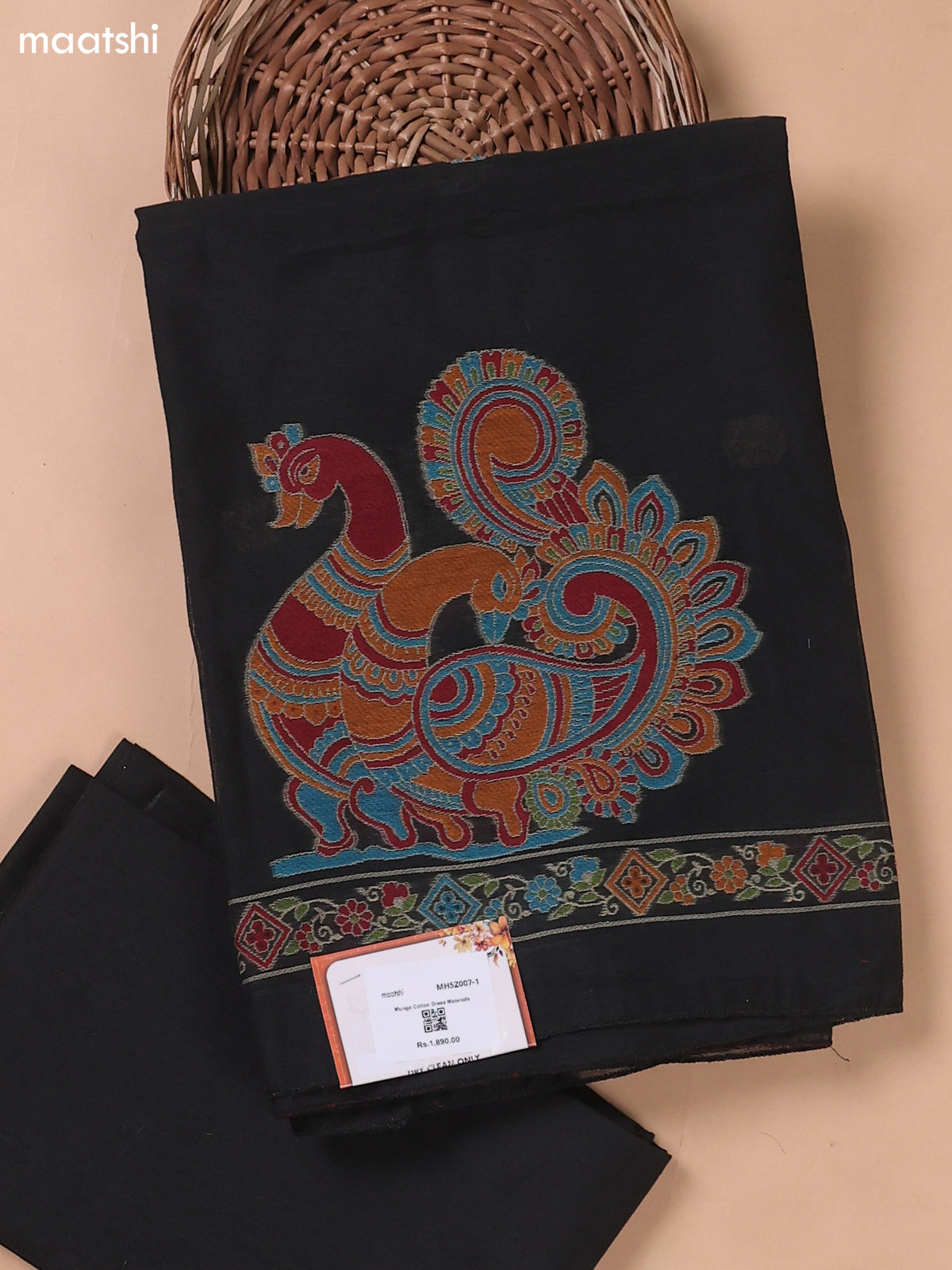 Black Munga Cotton Dress Material With Jamdani Pattern