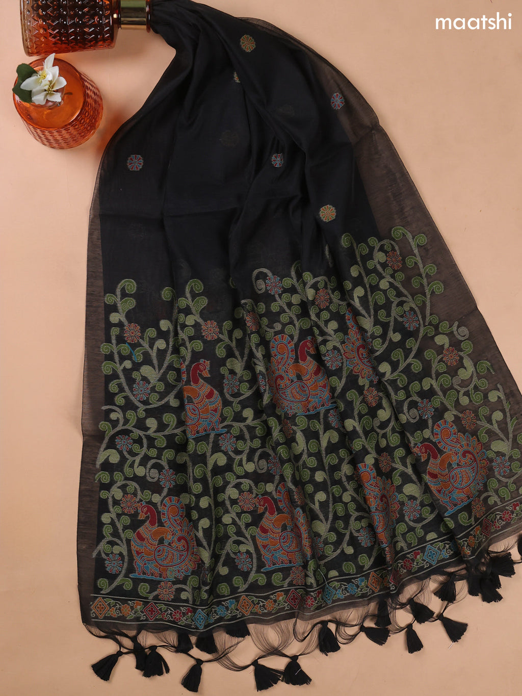 Black Munga Cotton Dress Material With Jamdani Pattern