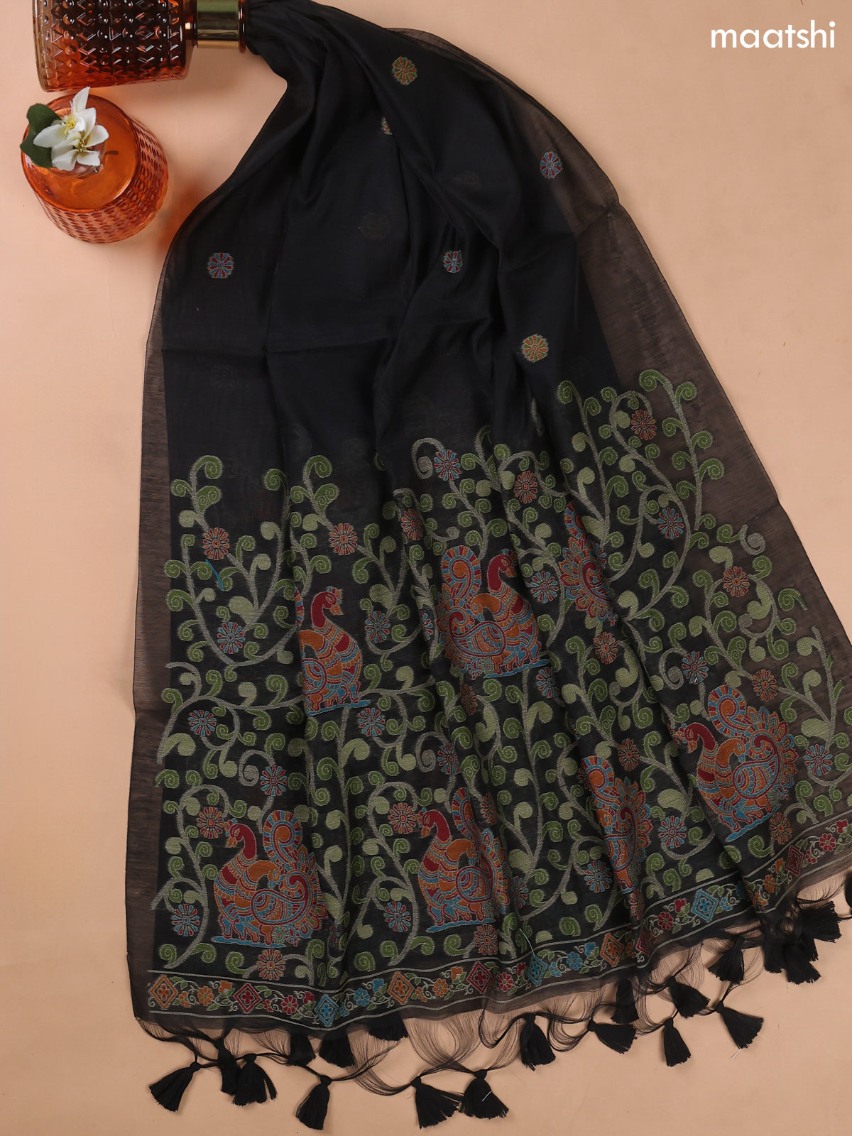 Black Munga Cotton Dress Material With Jamdani Pattern