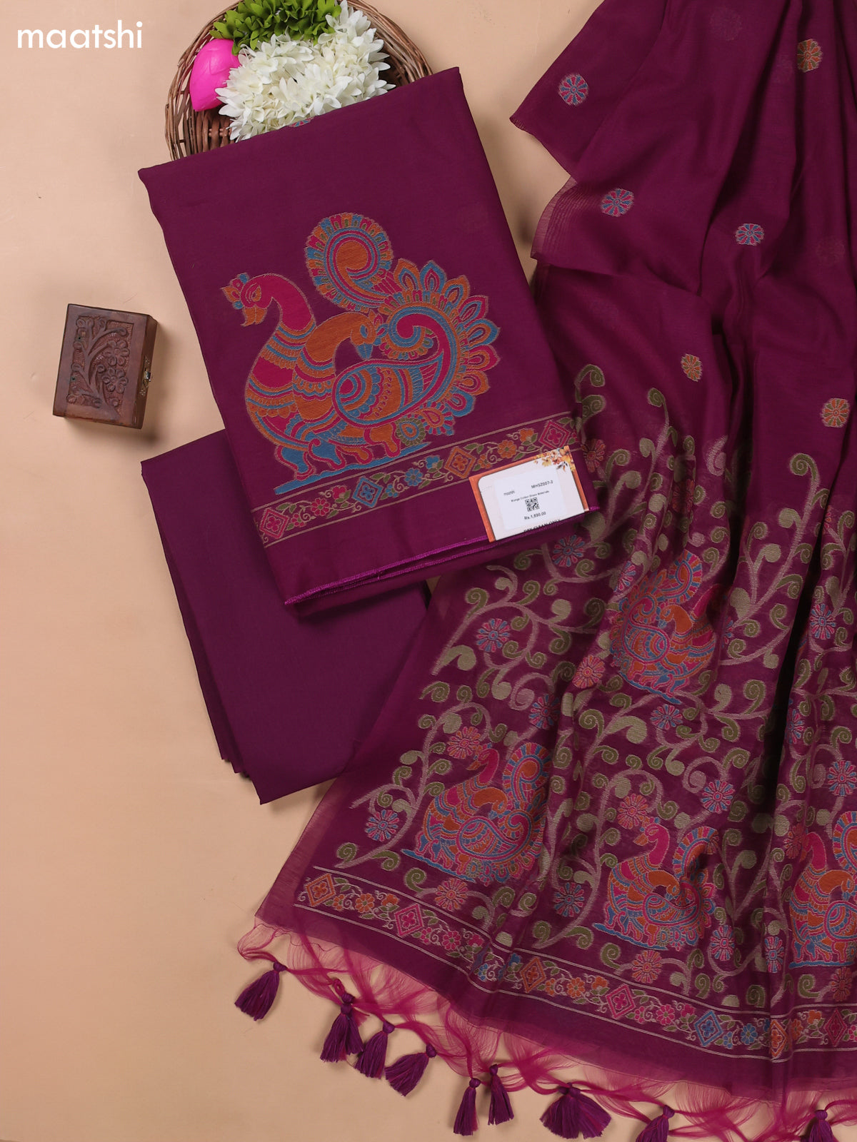 Purple Munga Cotton Dress Material With Jamdani Pattern