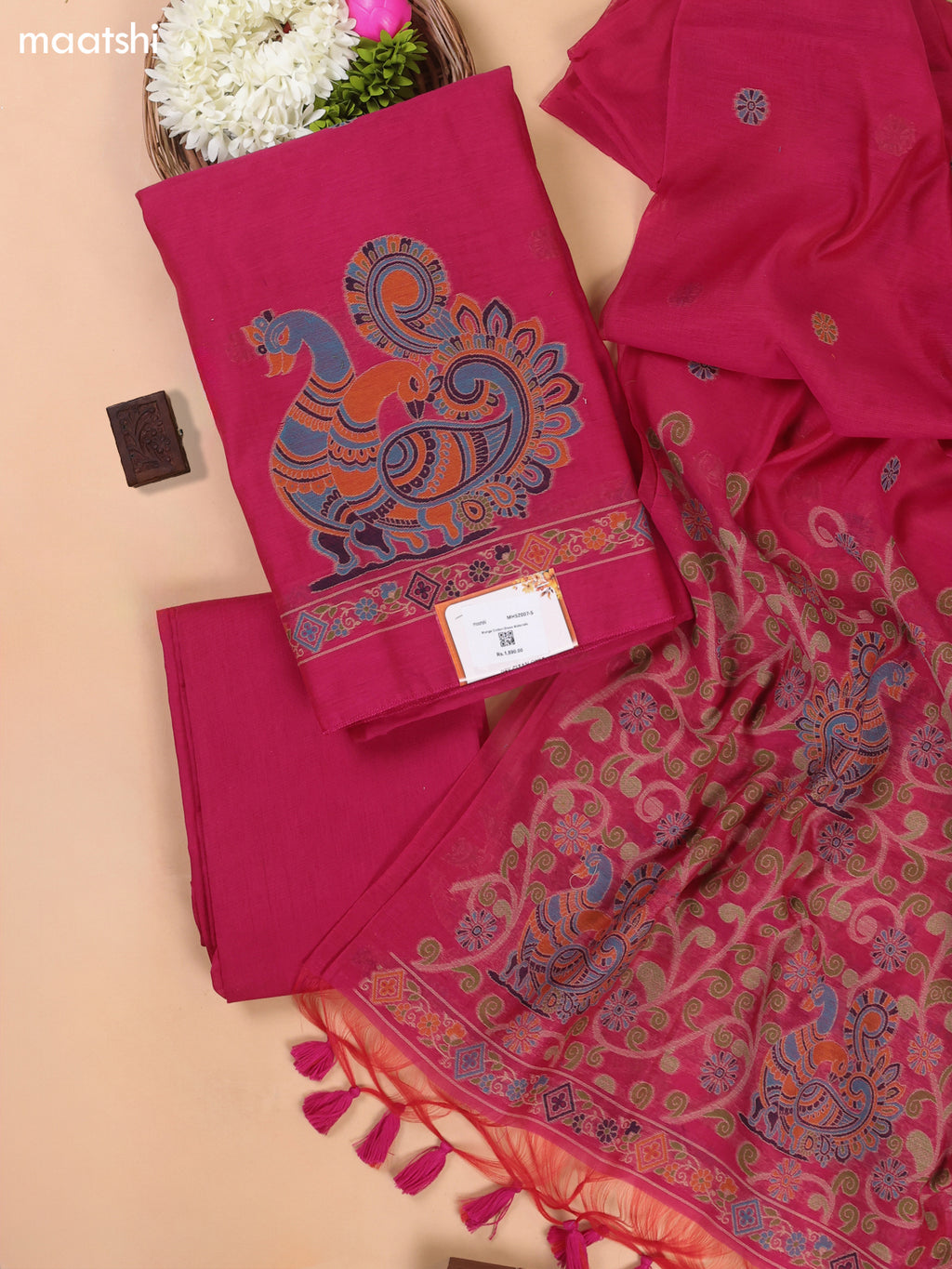 Pink Munga Cotton Dress Material With Jamdani Pattern