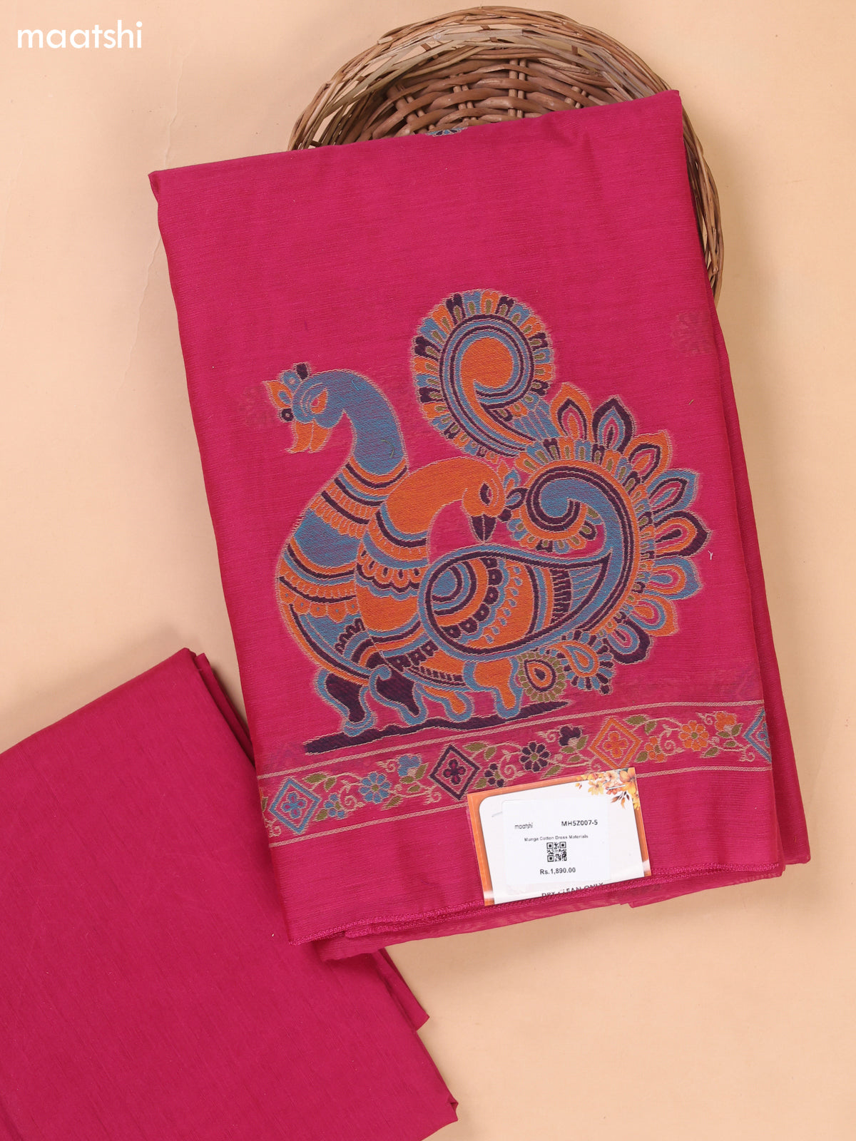Pink Munga Cotton Dress Material With Jamdani Pattern