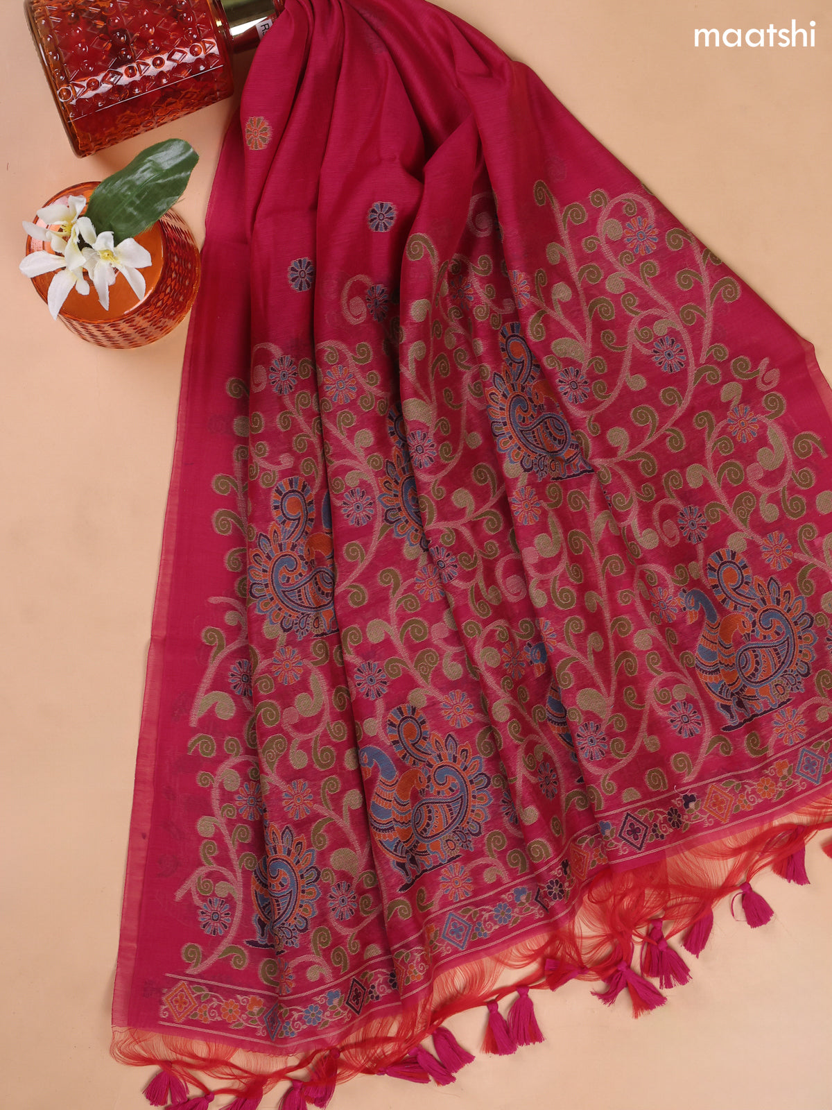 Pink Munga Cotton Dress Material With Jamdani Pattern