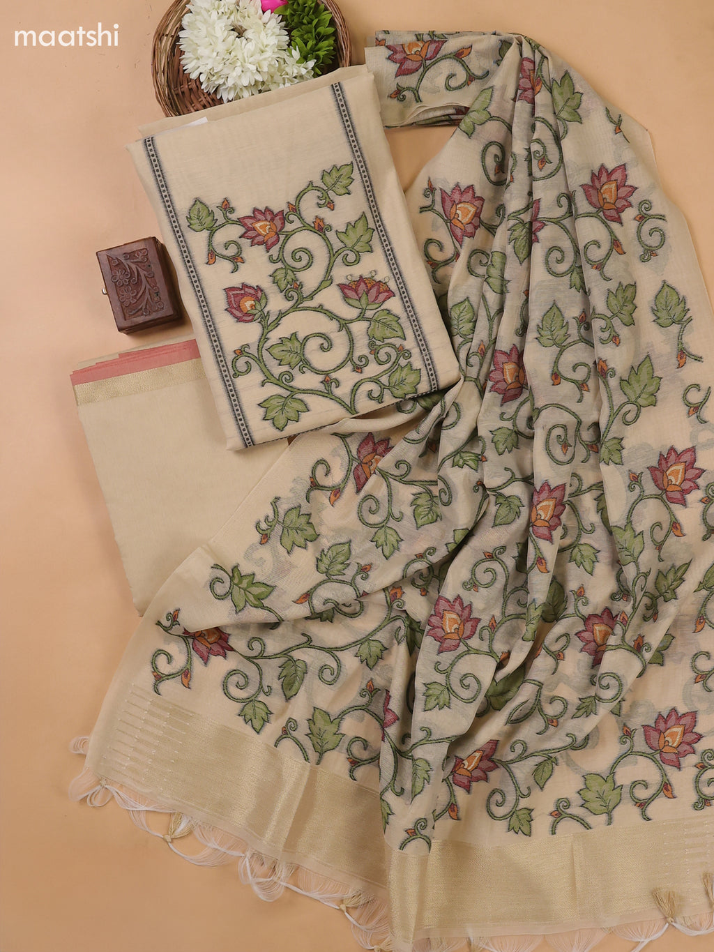 Beige Munga Cotton Dress Material With Thread Weaves Neck Pattern