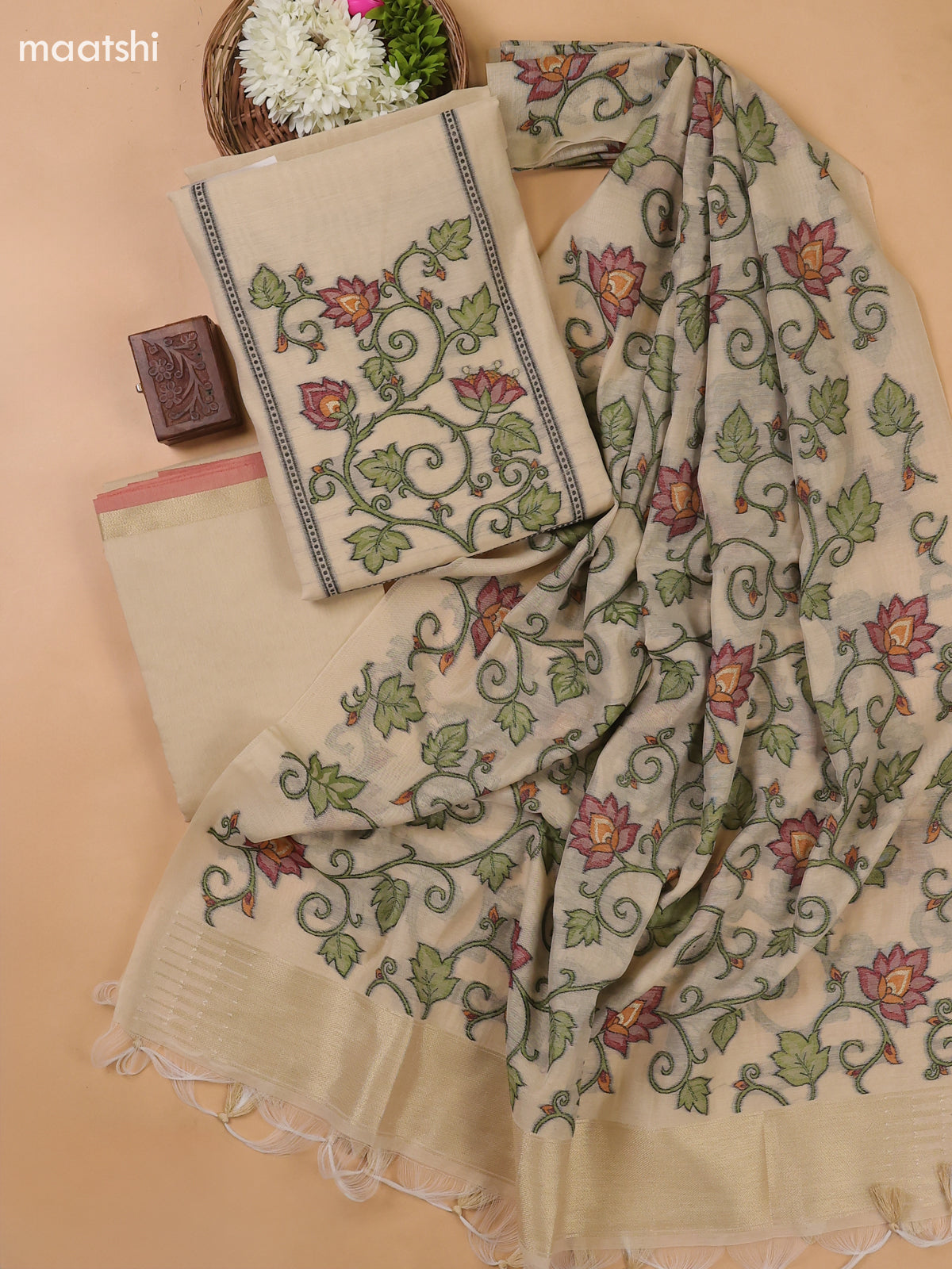 Beige Munga Cotton Dress Material With Thread Weaves Neck Pattern