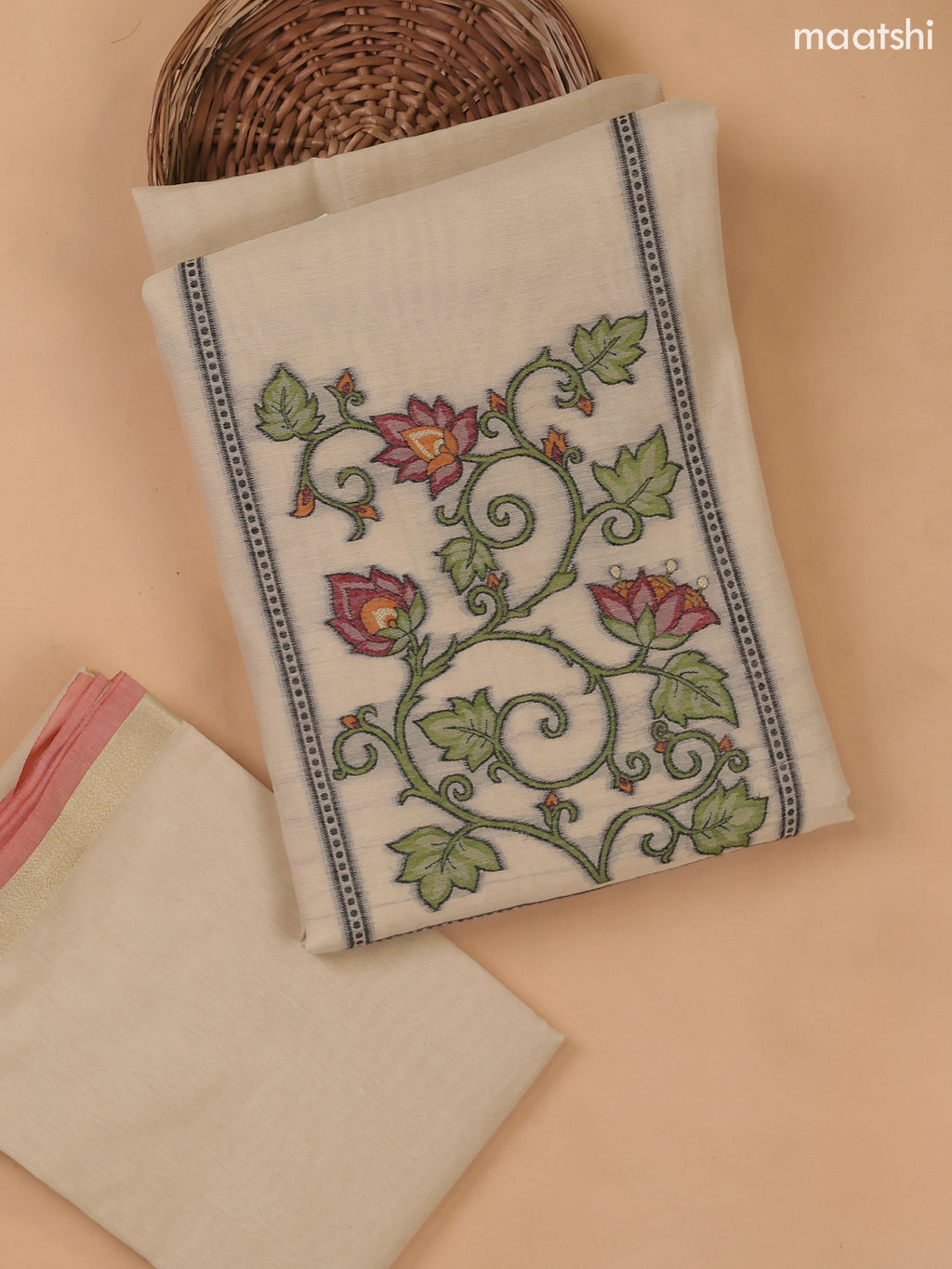 Beige Munga Cotton Dress Material With Thread Weaves Neck Pattern