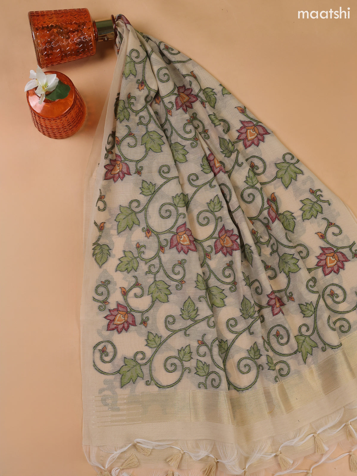 Beige Munga Cotton Dress Material With Thread Weaves Neck Pattern
