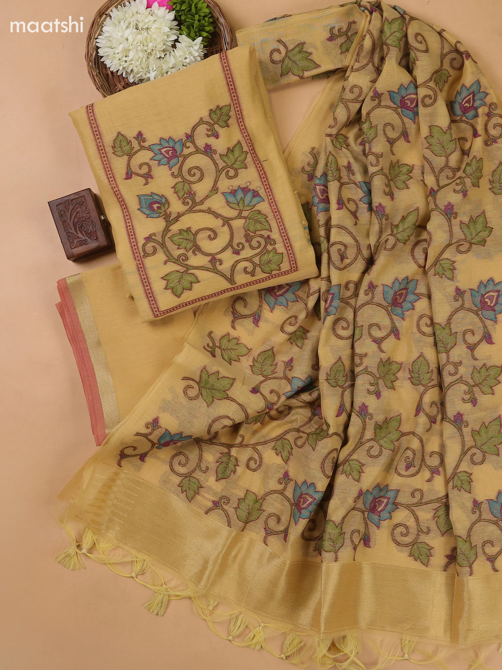 Sandal Munga Cotton Dress Material With Thread Weaves Neck Pattern