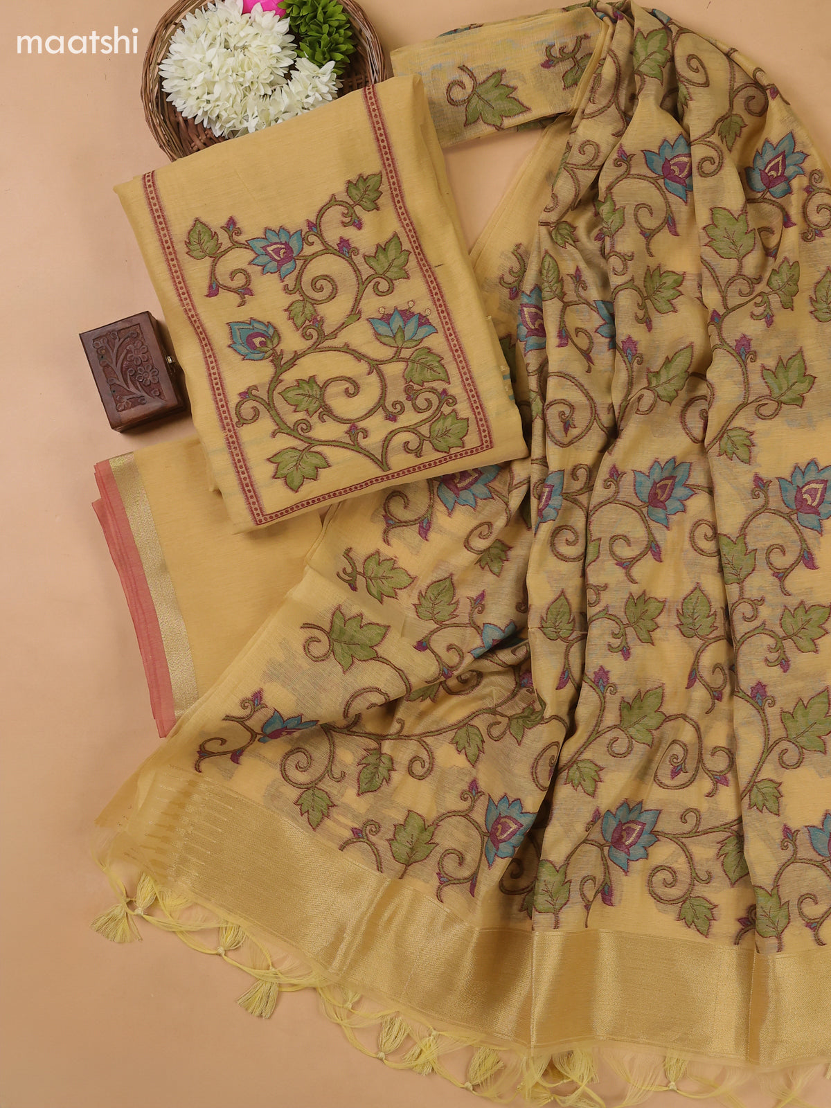 Sandal Munga Cotton Dress Material With Thread Weaves Neck Pattern