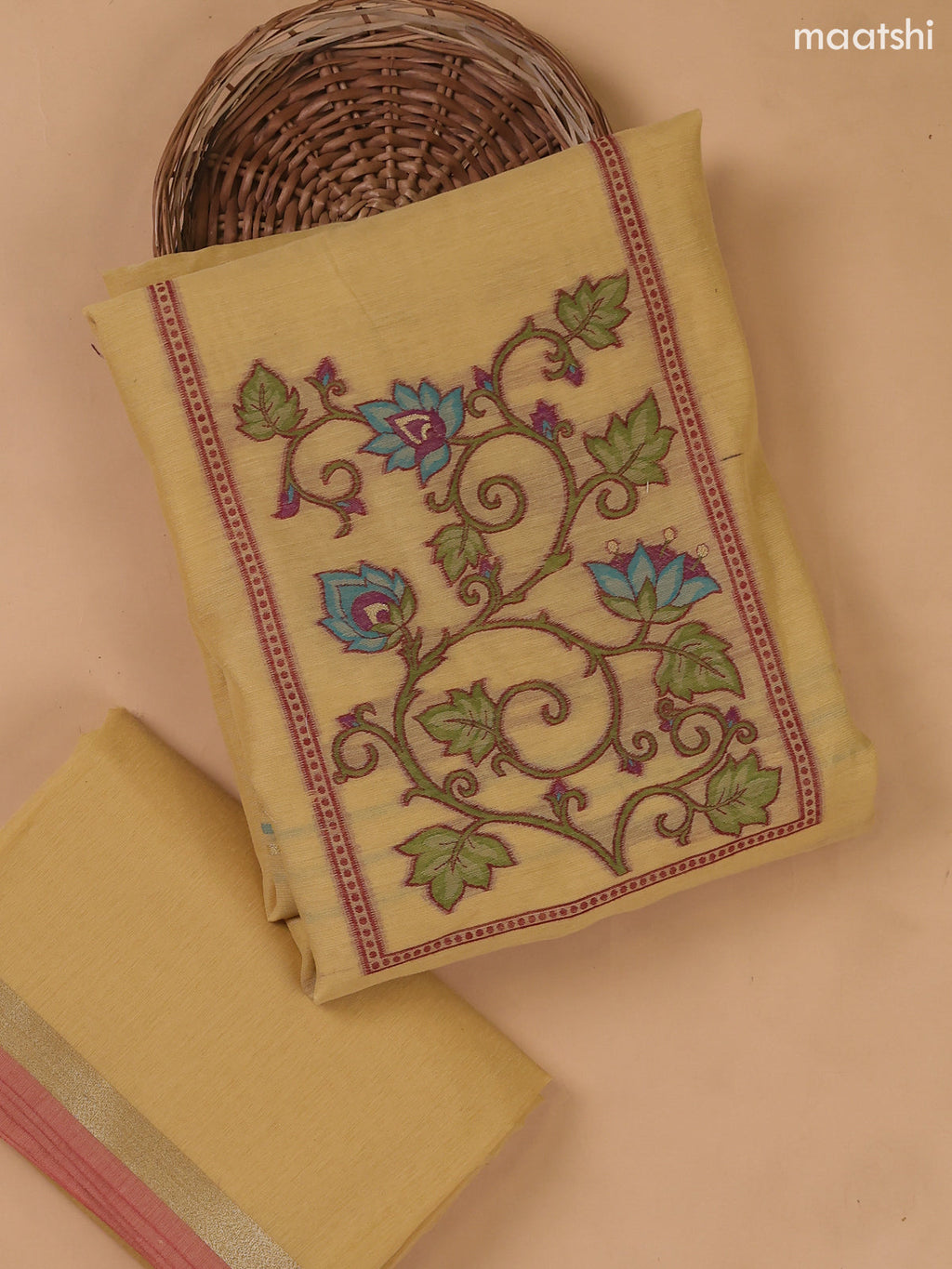 Sandal Munga Cotton Dress Material With Thread Weaves Neck Pattern
