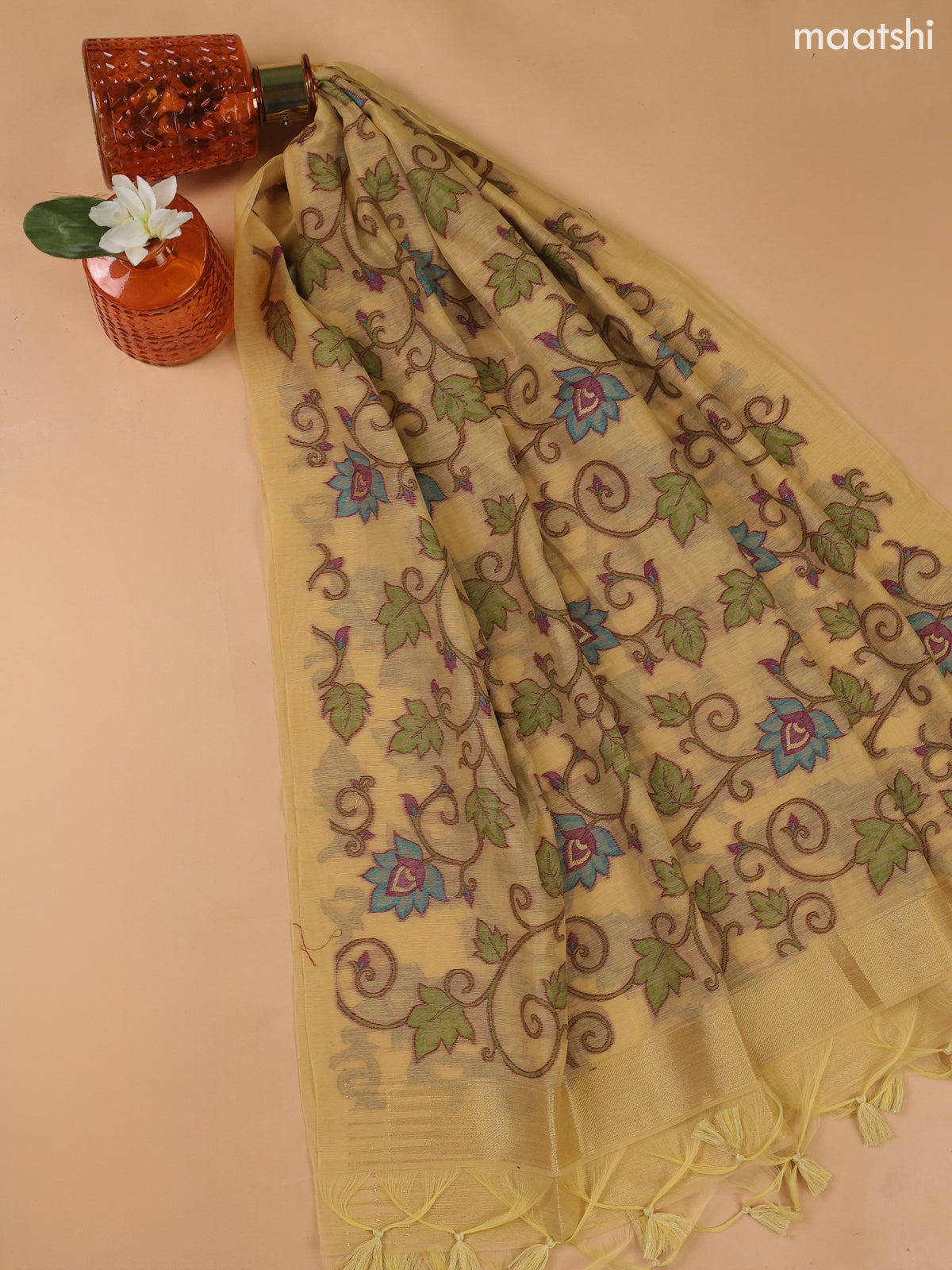 Sandal Munga Cotton Dress Material With Thread Weaves Neck Pattern