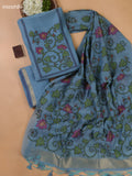 Blue Munga Cotton Dress Material With Thread Weaves Neck Pattern