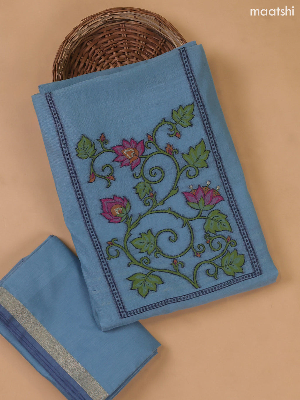 Blue Munga Cotton Dress Material With Thread Weaves Neck Pattern
