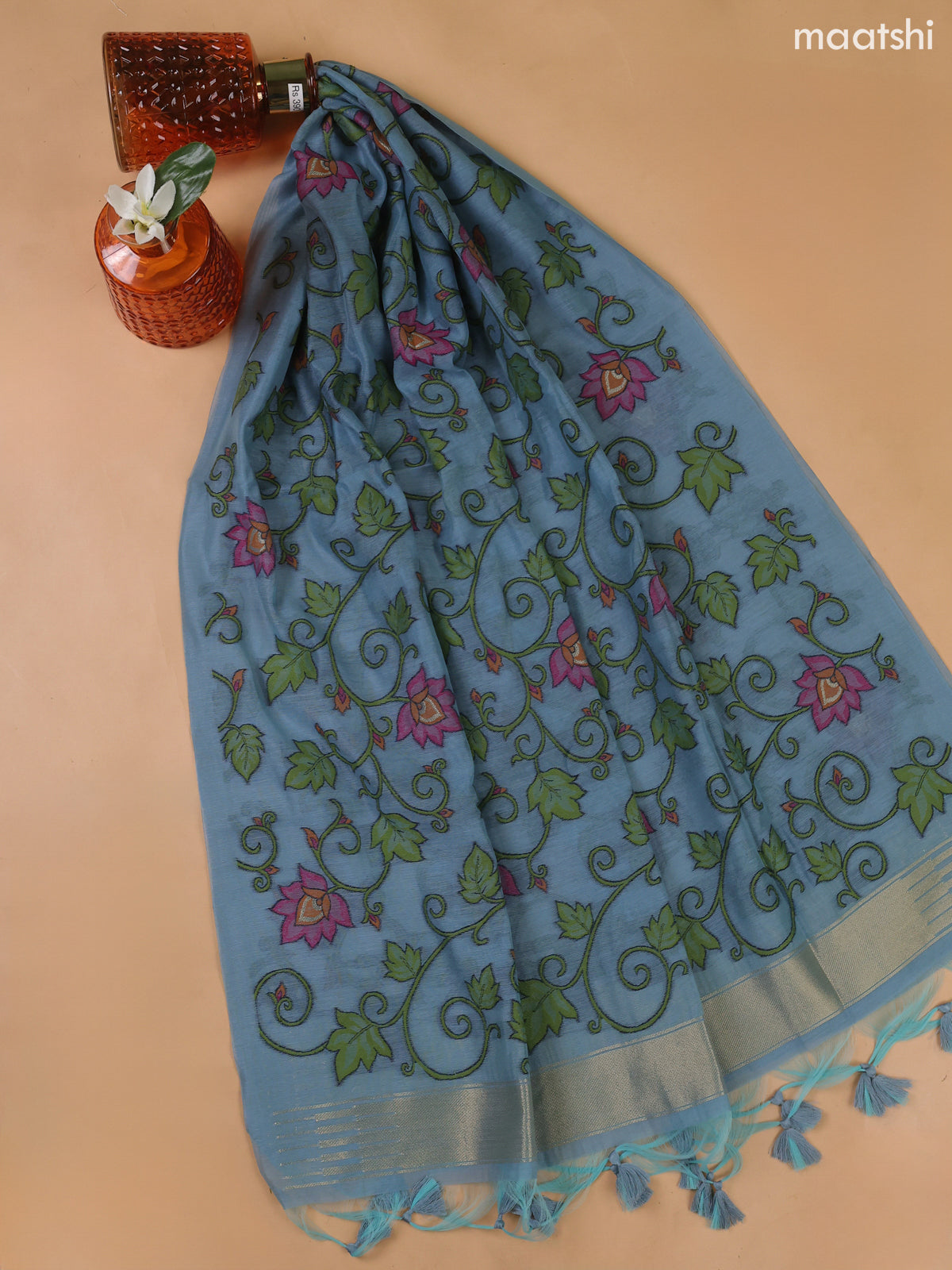Blue Munga Cotton Dress Material With Thread Weaves Neck Pattern