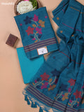 Peacock Blue Munga Cotton Dress Material With Floral Thread Weaves