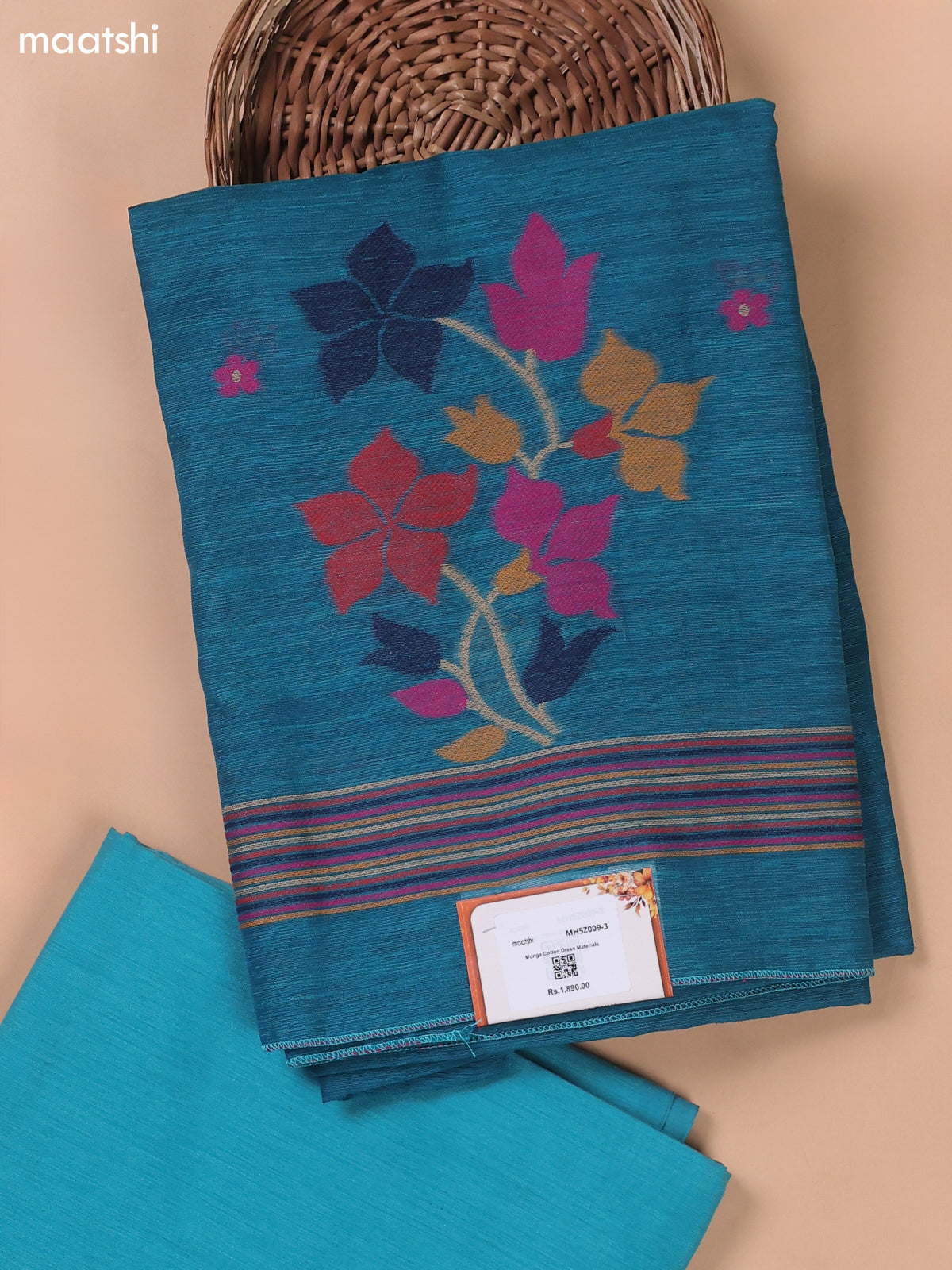 Peacock Blue Munga Cotton Dress Material With Floral Thread Weaves