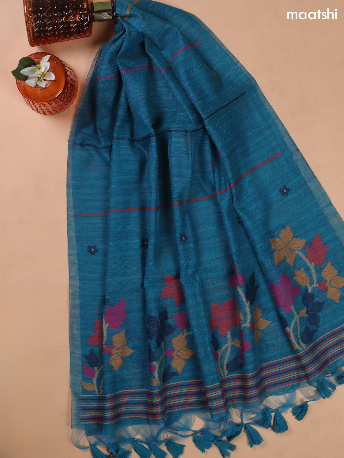 Peacock Blue Munga Cotton Dress Material With Floral Thread Weaves