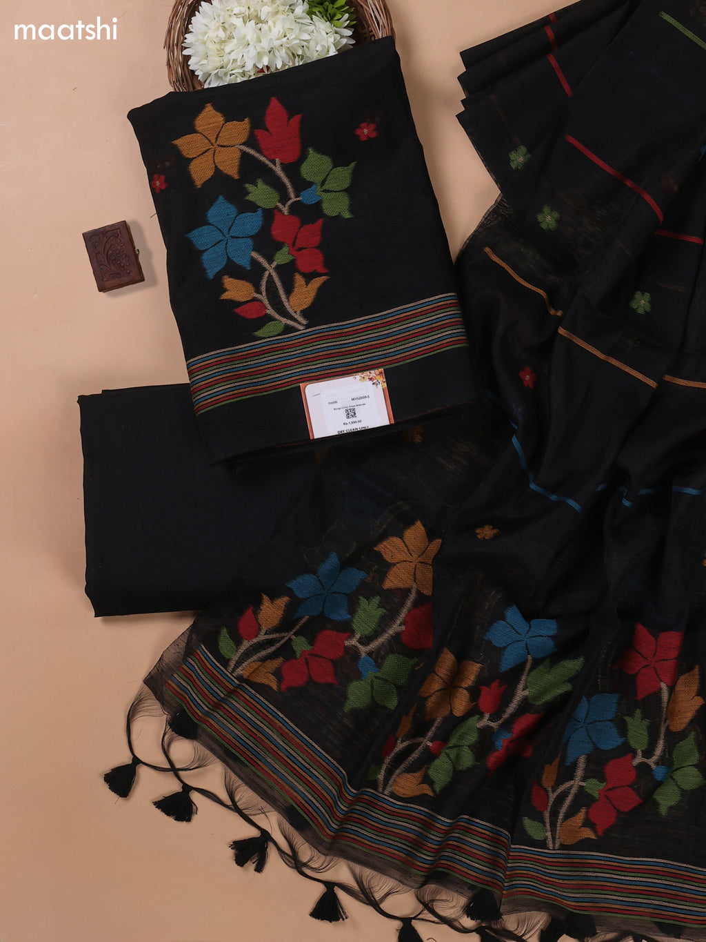 Black Munga Cotton Dress Material With Floral Thread Weaves