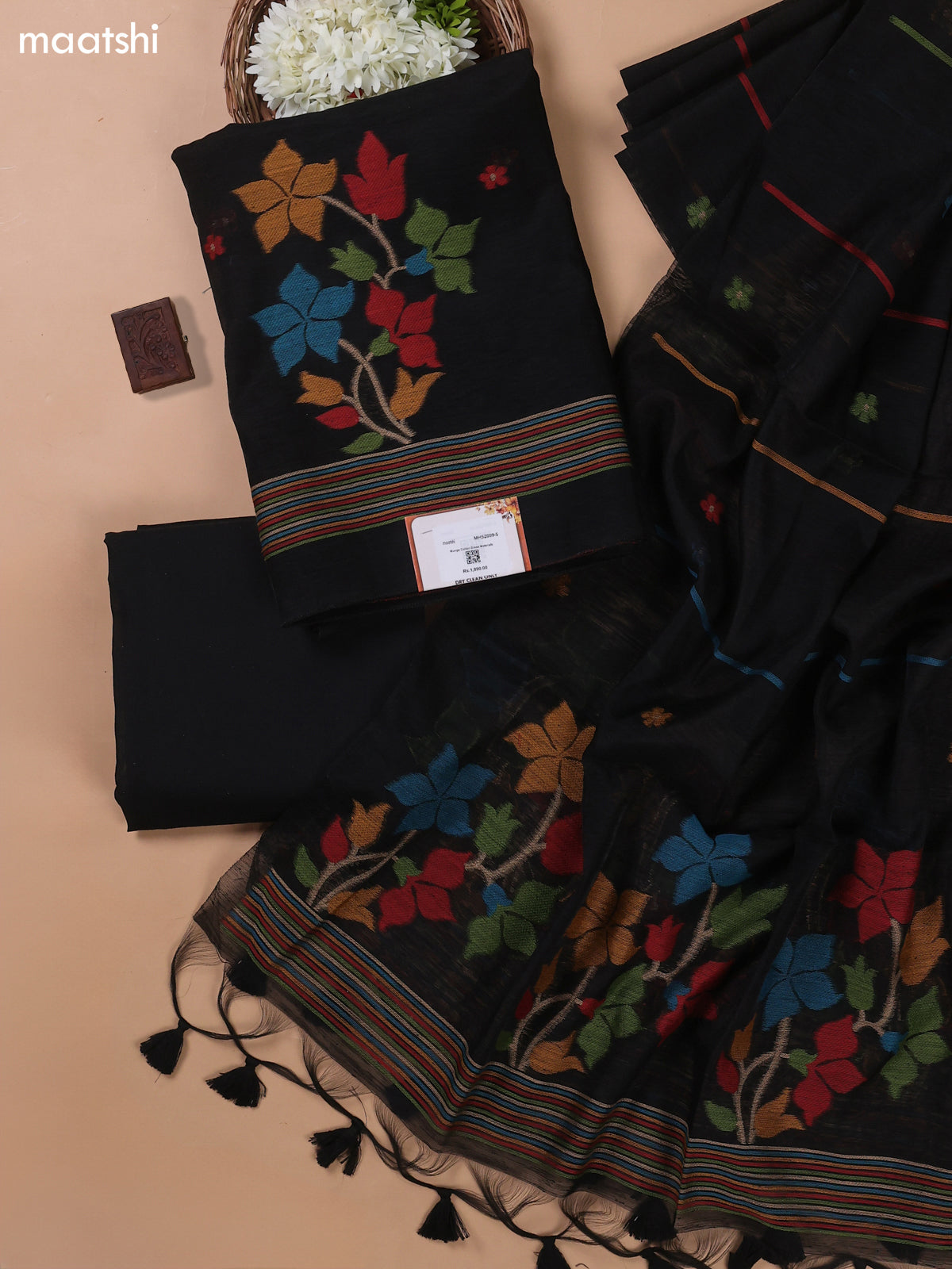Black Munga Cotton Dress Material With Floral Thread Weaves