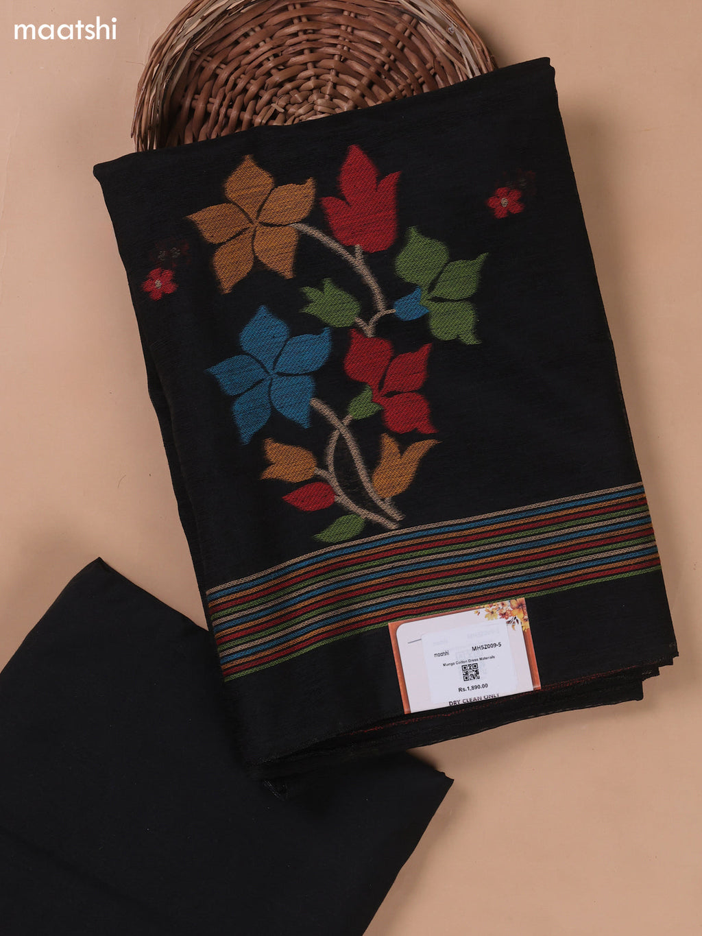 Black Munga Cotton Dress Material With Floral Thread Weaves