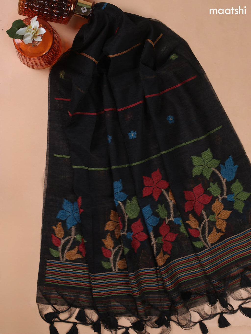 Black Munga Cotton Dress Material With Floral Thread Weaves