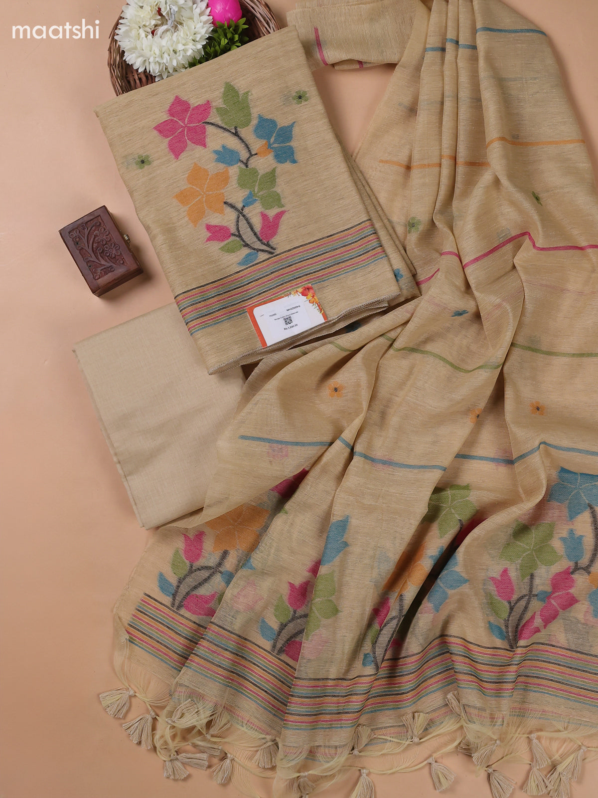 Beige Munga Cotton Dress Material With Floral Thread Weaves