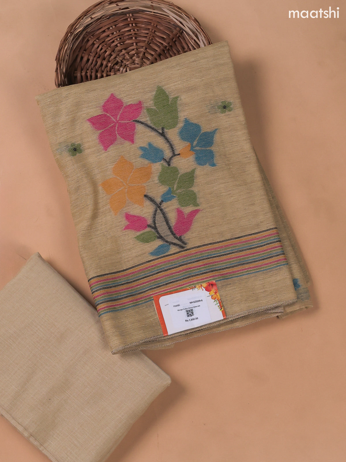 Beige Munga Cotton Dress Material With Floral Thread Weaves