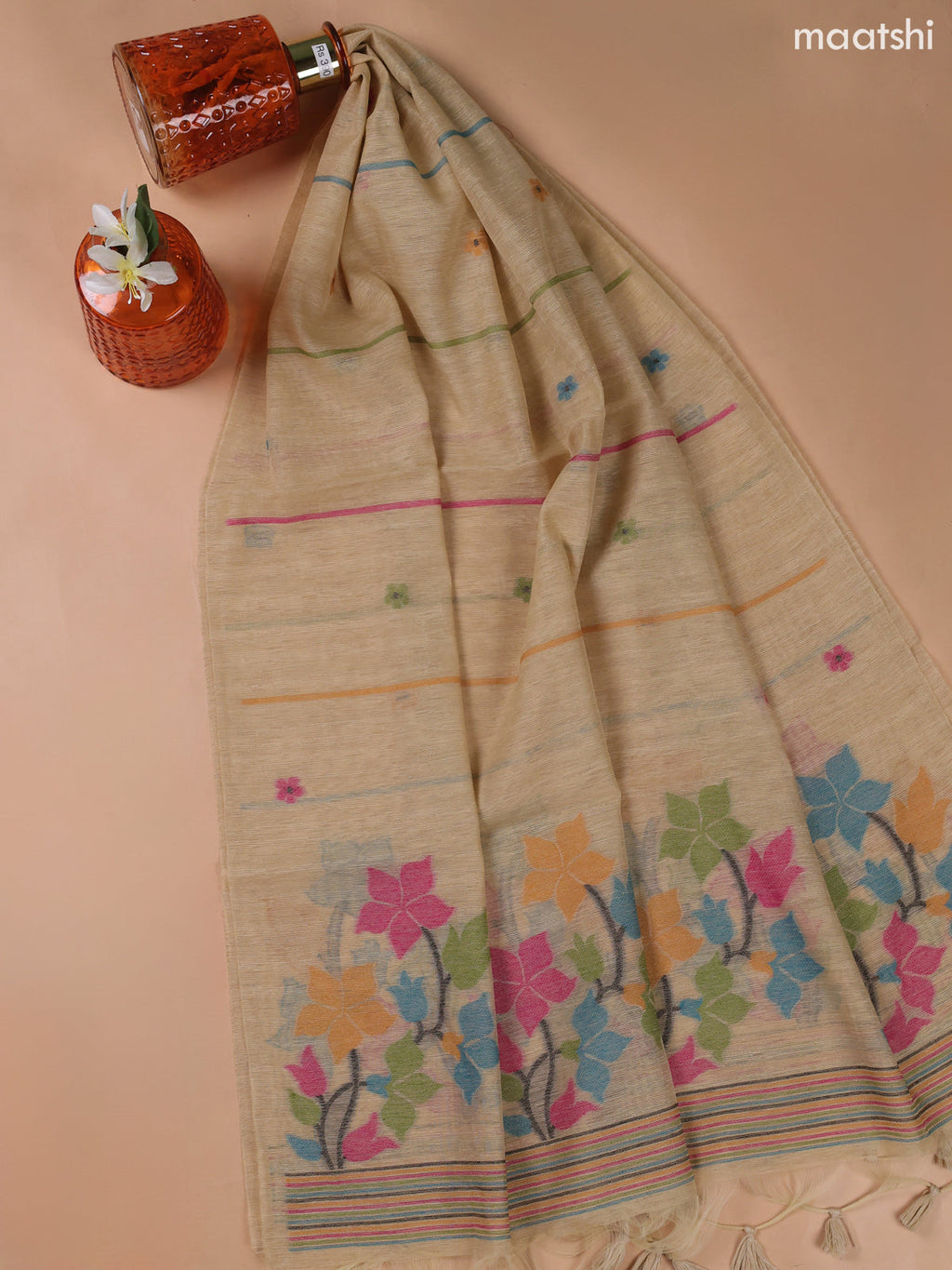 Beige Munga Cotton Dress Material With Floral Thread Weaves