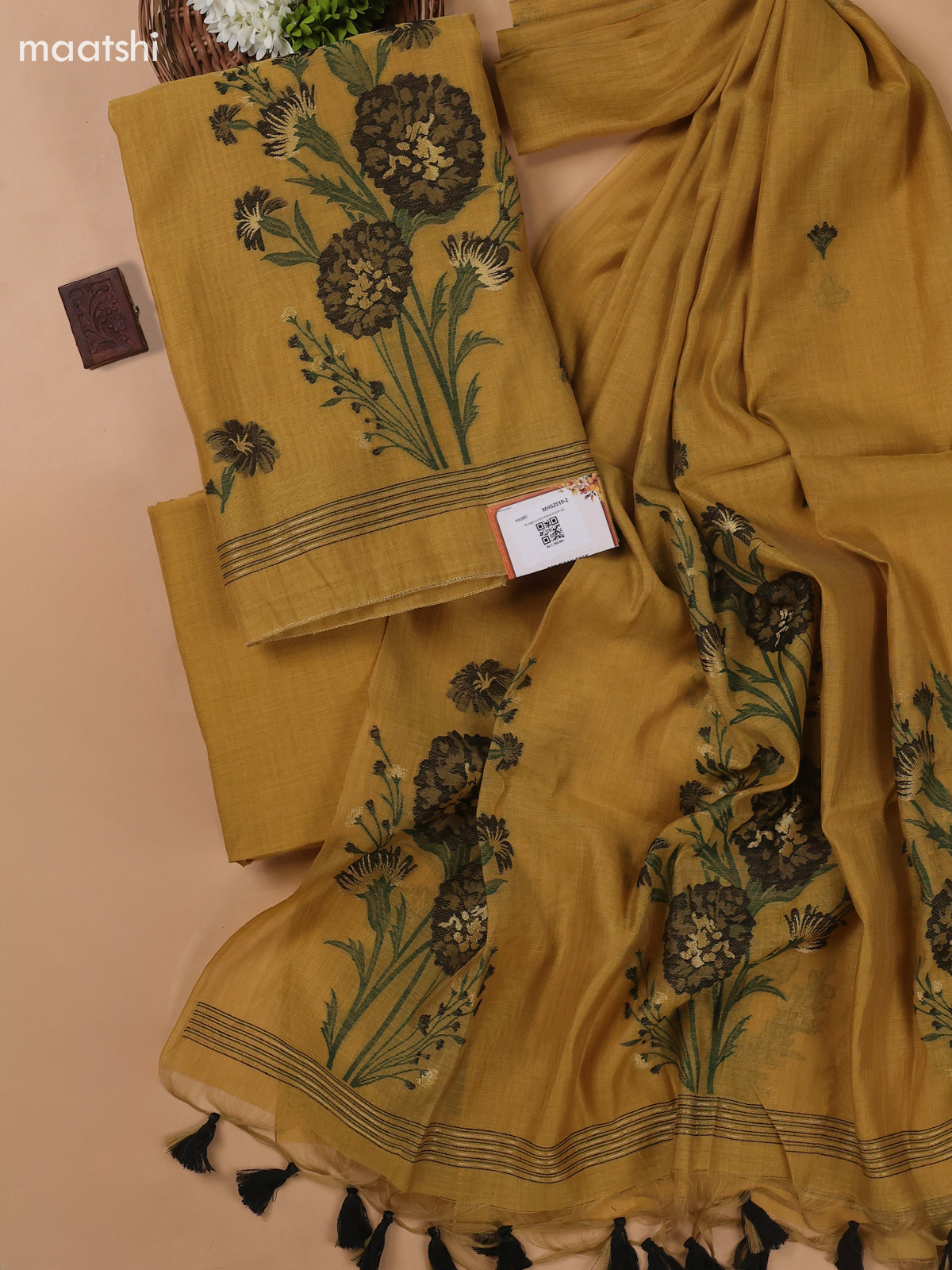 Musted Yellow Munga Cotton Dress Material With Thread and Zari Weaves