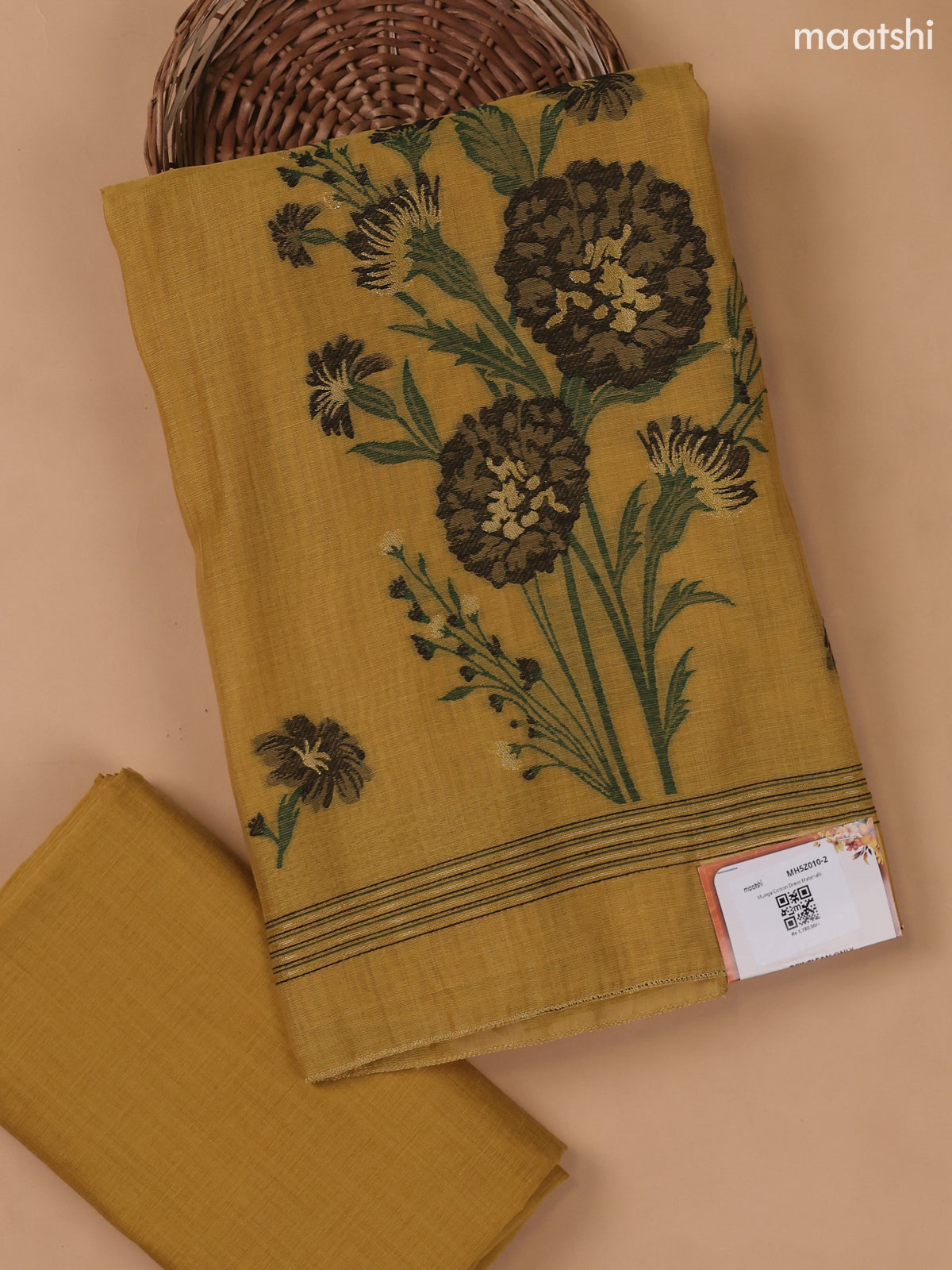 Musted Yellow Munga Cotton Dress Material With Thread and Zari Weaves