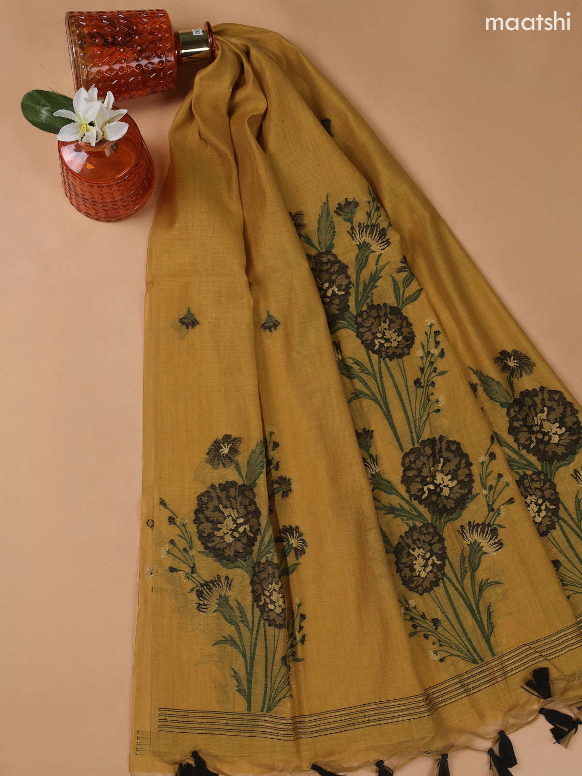 Musted Yellow Munga Cotton Dress Material With Thread and Zari Weaves