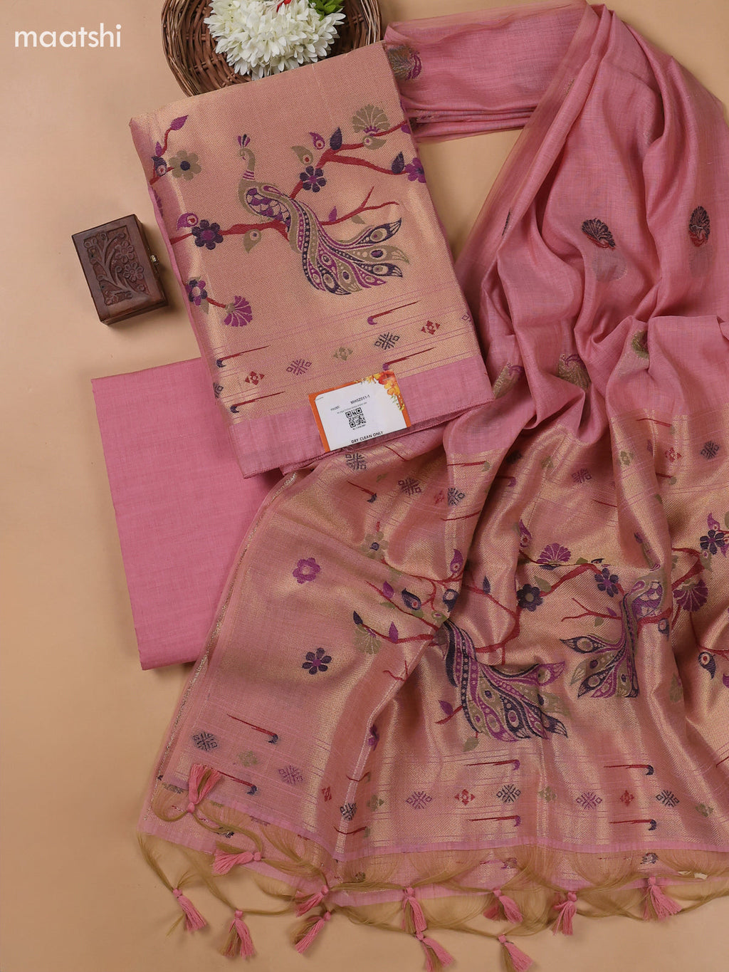 Lotus Pink Munga Cotton Dress Material With Paithani Style