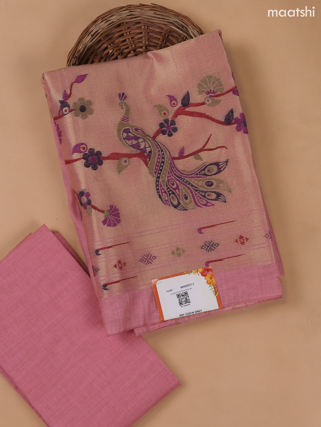 Lotus Pink Munga Cotton Dress Material With Paithani Style