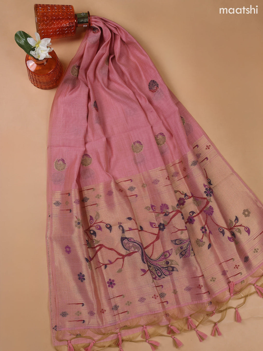 Lotus Pink Munga Cotton Dress Material With Paithani Style